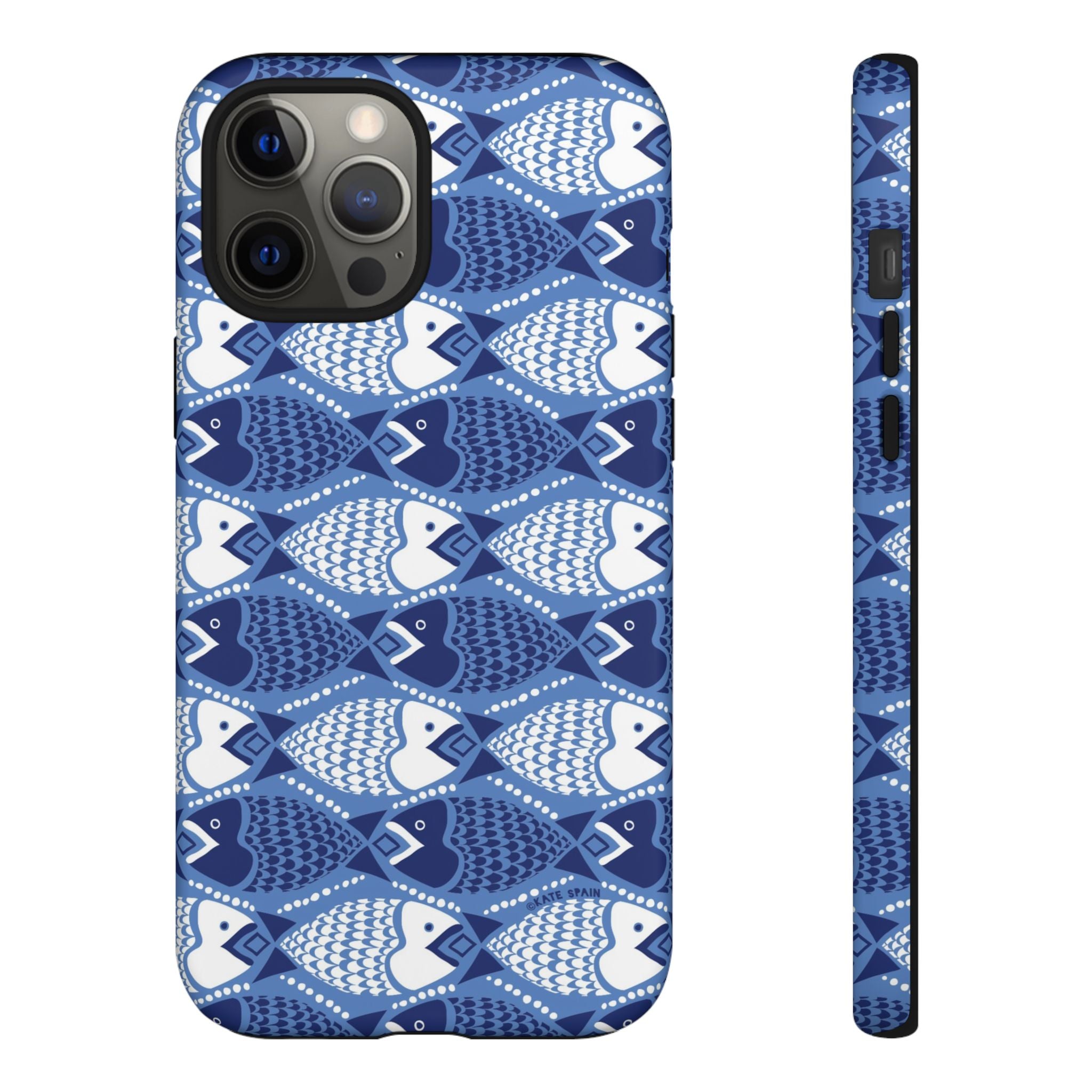 Catch of the Day Tough iPhone 12 Pro Max Case – Matte | navy, blue, white geometric fish print