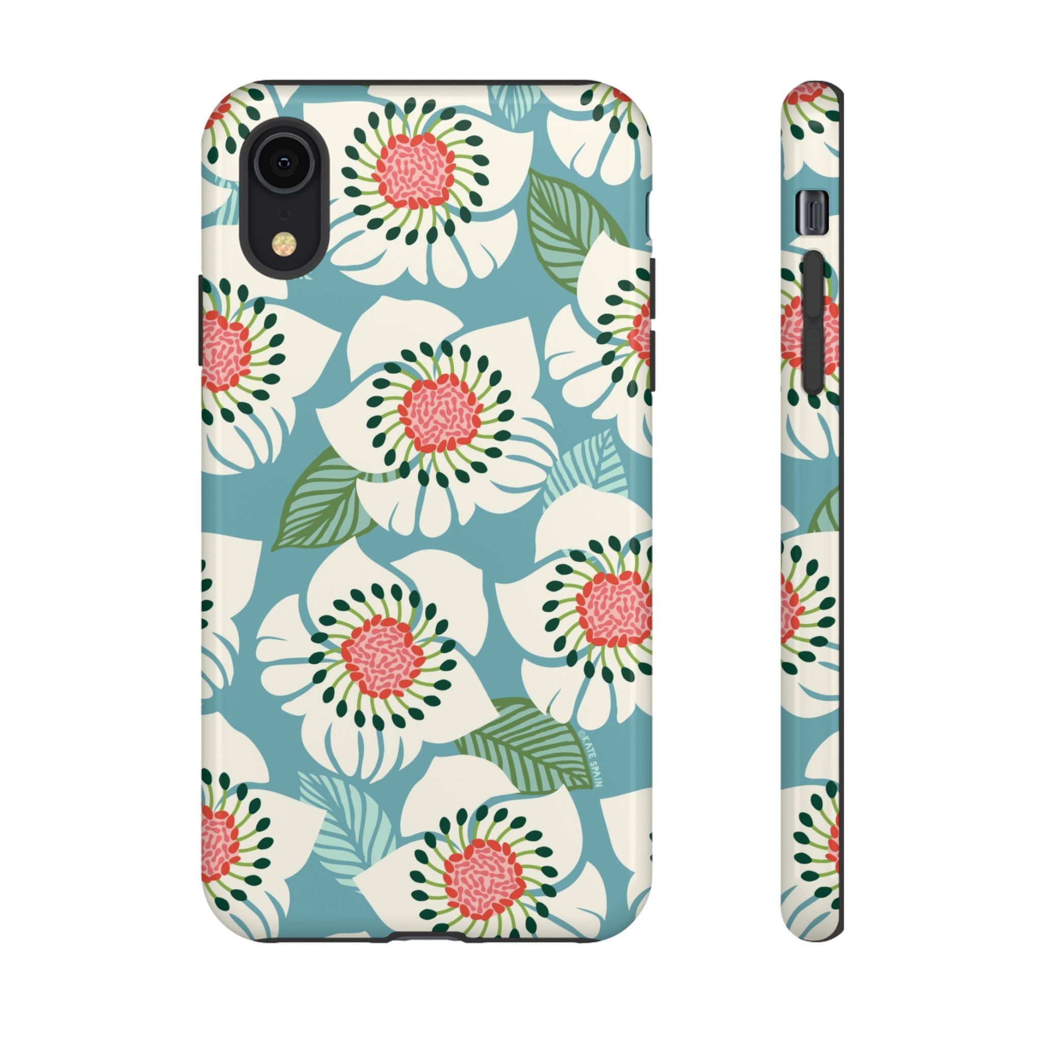 Panache Floral Tough iPhone XR Case – Glossy | sky blue, pale cream, pink anemone floral print