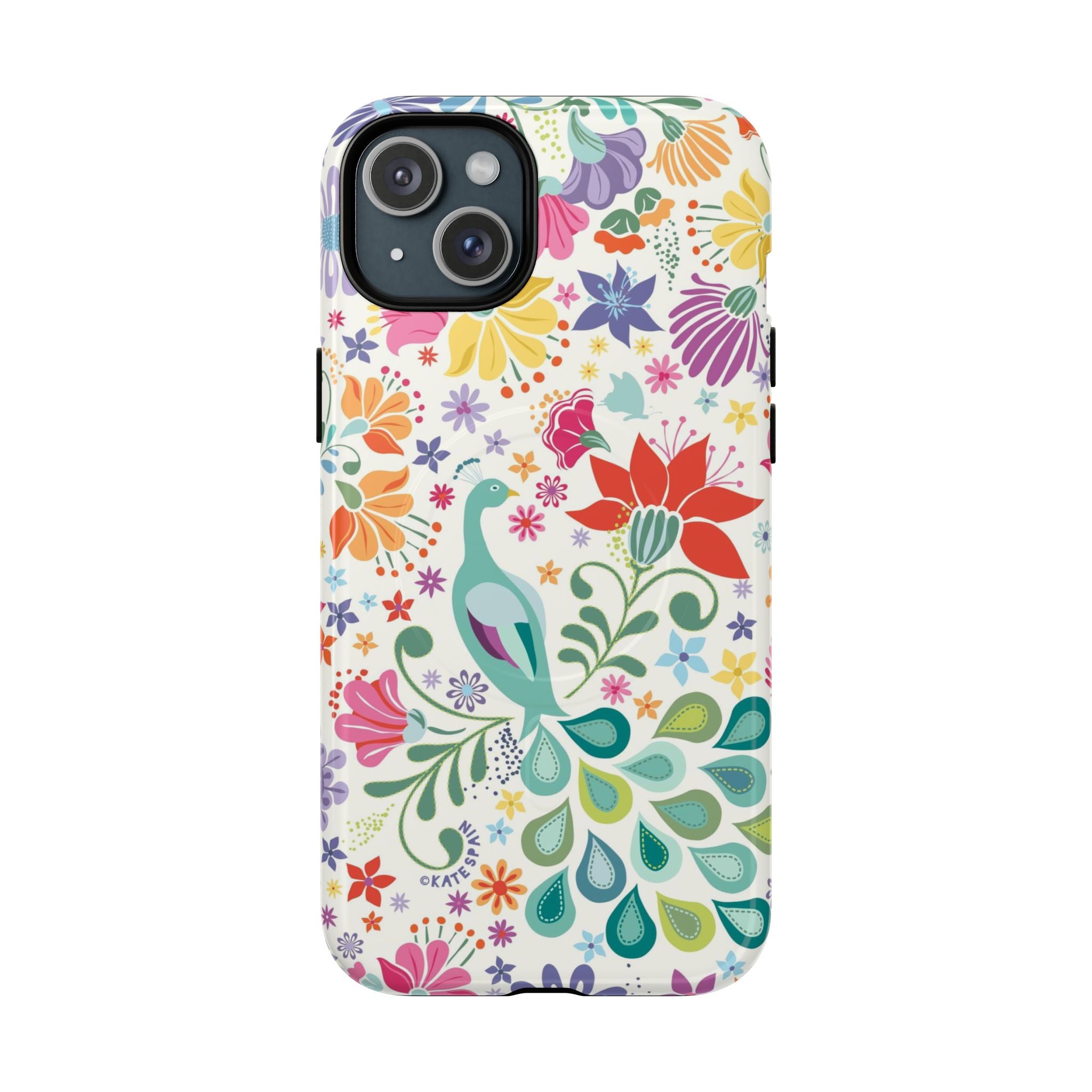 Peacock Sanctuary MagSafe iPhone 15 Plus Case – Glossy | cream, teal, coral multicolor vibrant peacock feather botanical print