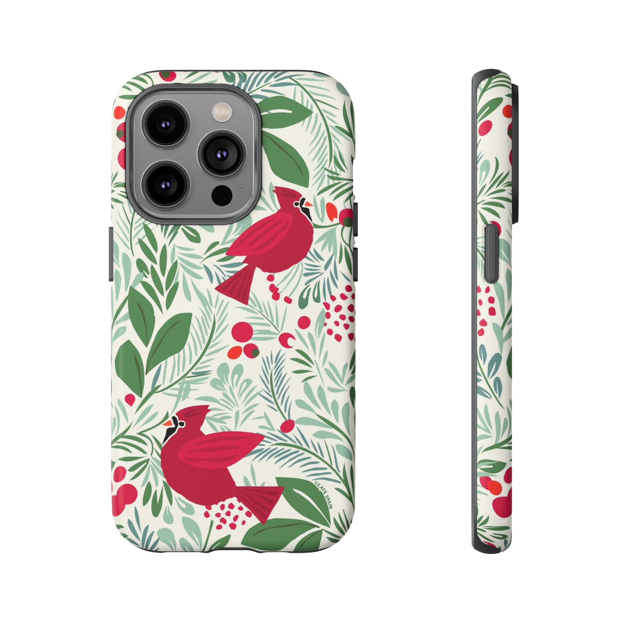 Birds and Berries Tough iPhone 14 Pro Case – Matte | cream, red, green botanical cardinal berry print
