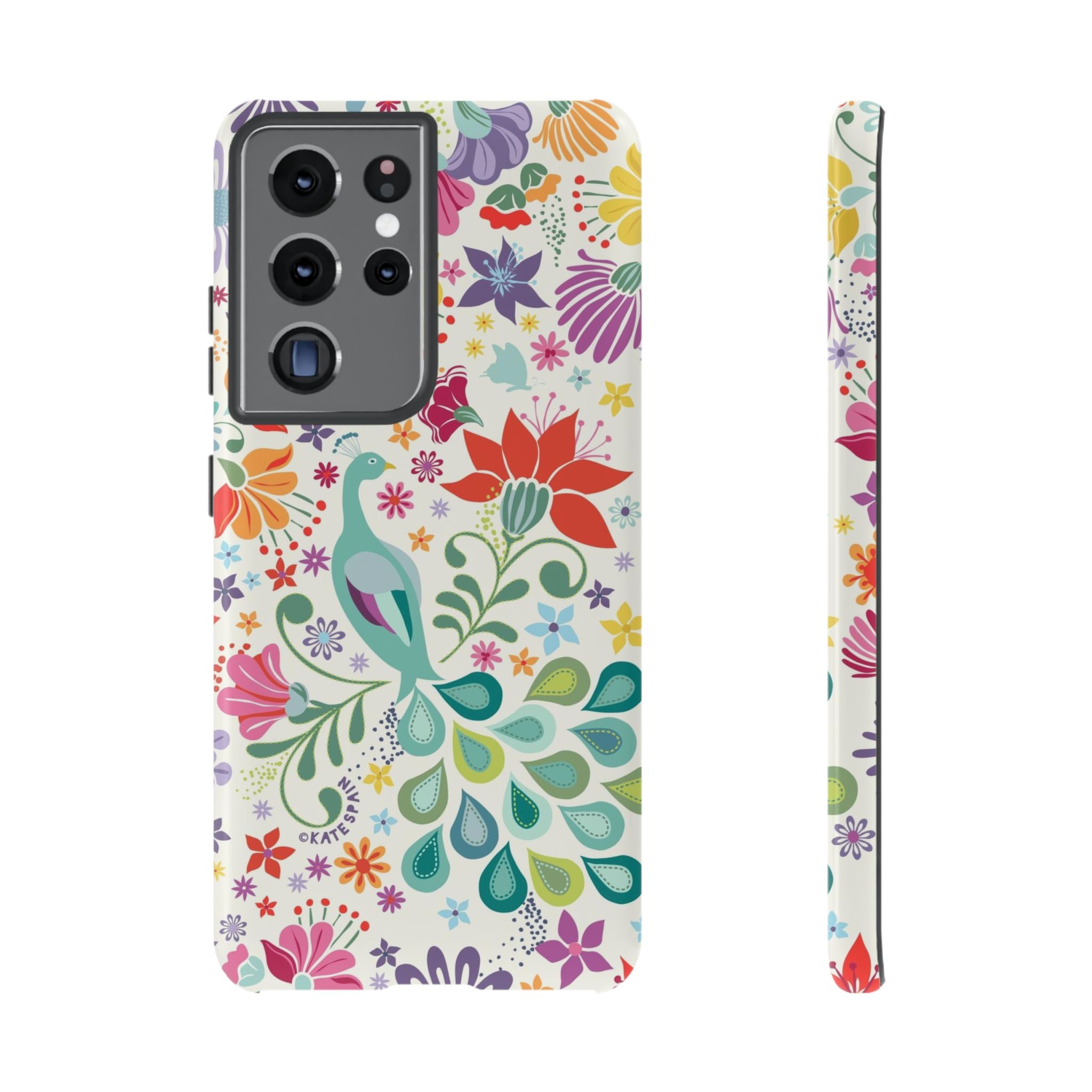 Luxury Peacock Sanctuary Samsung Galaxy S21 Ultra Case – Glossy | white, teal, coral multicolor vibrant peacock feather botanical print