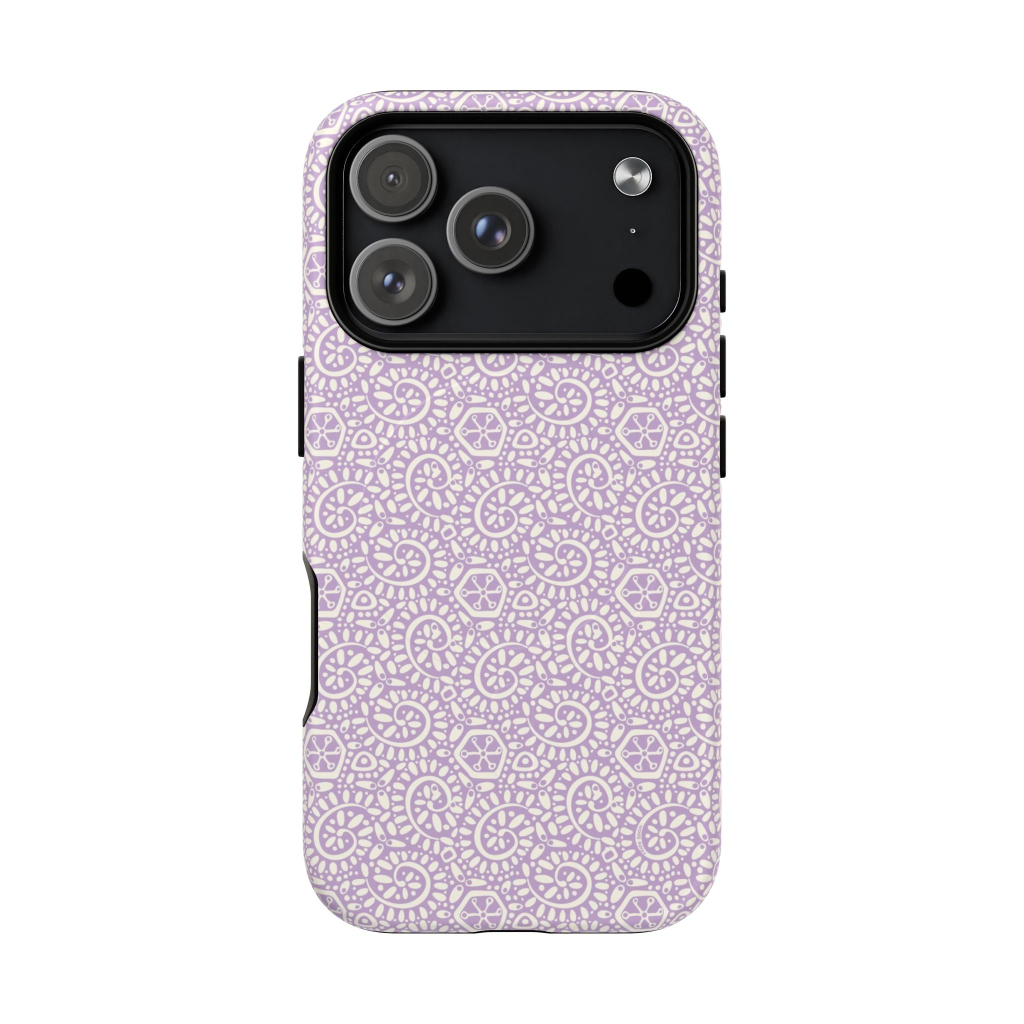Canto Swirls Lavender MagSafe iPhone 17 Pro Matte Case — lavender hard case covered in an intricate folk-art medallion pattern of radiating circular motifs, dot clusters, and geometric centers