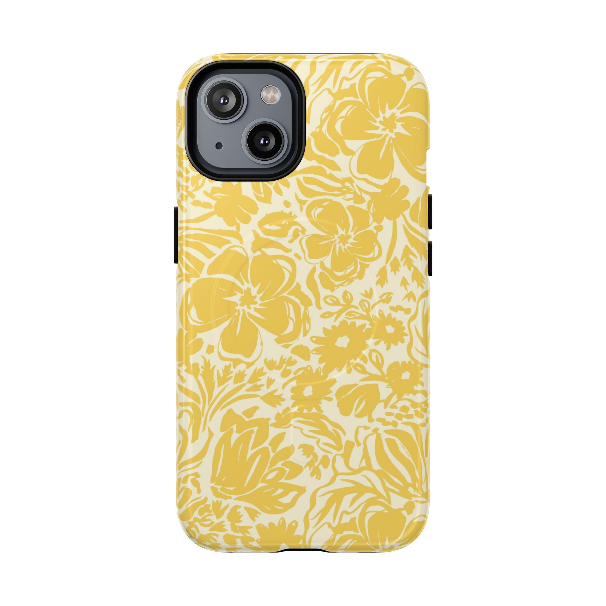 Rhapsody Yellow MagSafe iPhone 15 Glossy case — bold golden yellow floral print on cream by Kate Spain