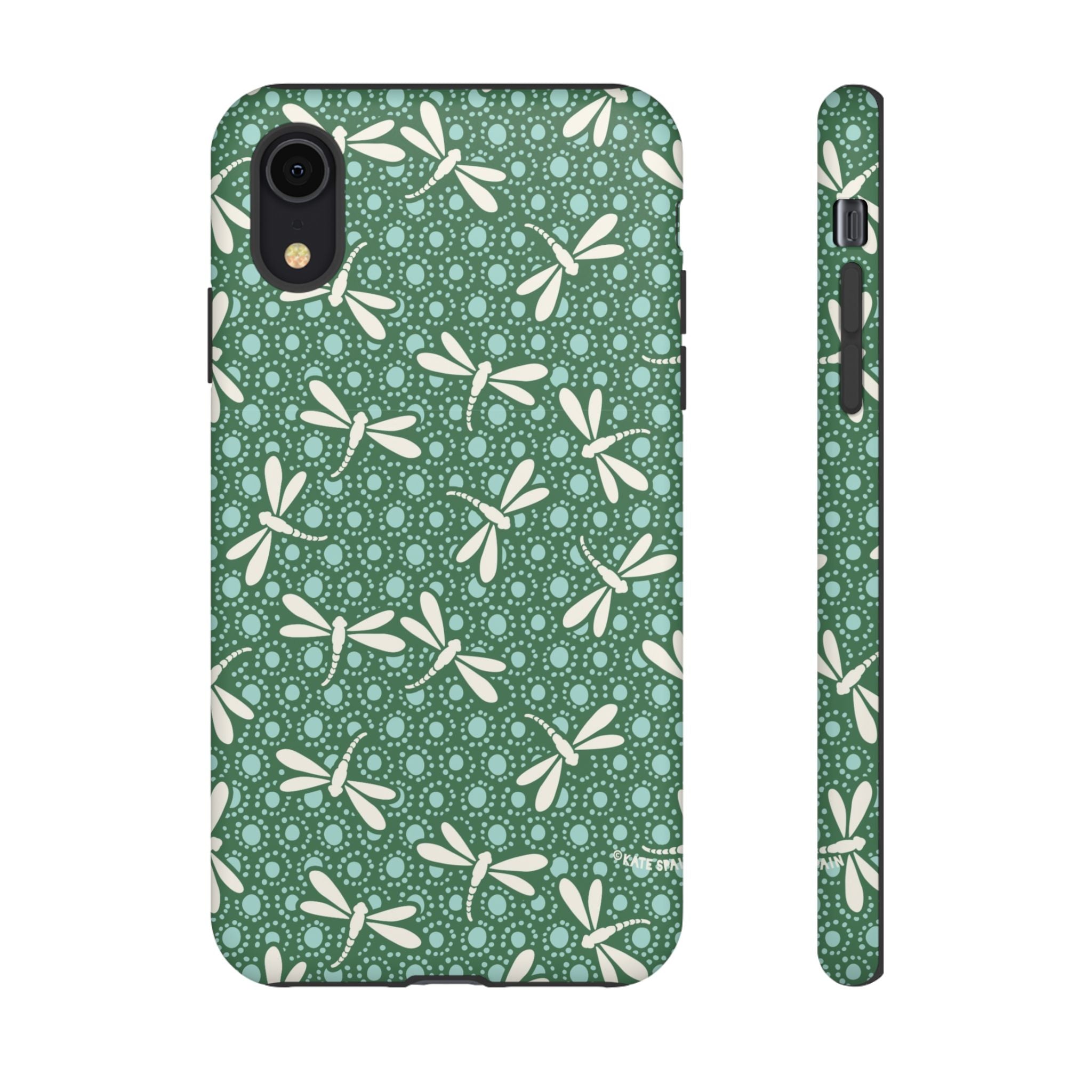 Designer Dragonfly Tough iPhone XR Case – Matte | jade green, aqua, cream dragonfly print