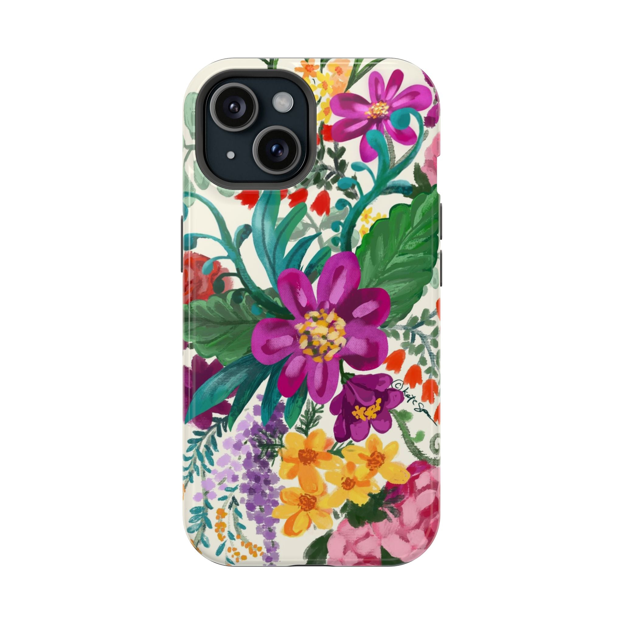 Posy MagSafe iPhone 15 Case – Glossy | white, magenta, yellow, purple vibrant botanical floral print