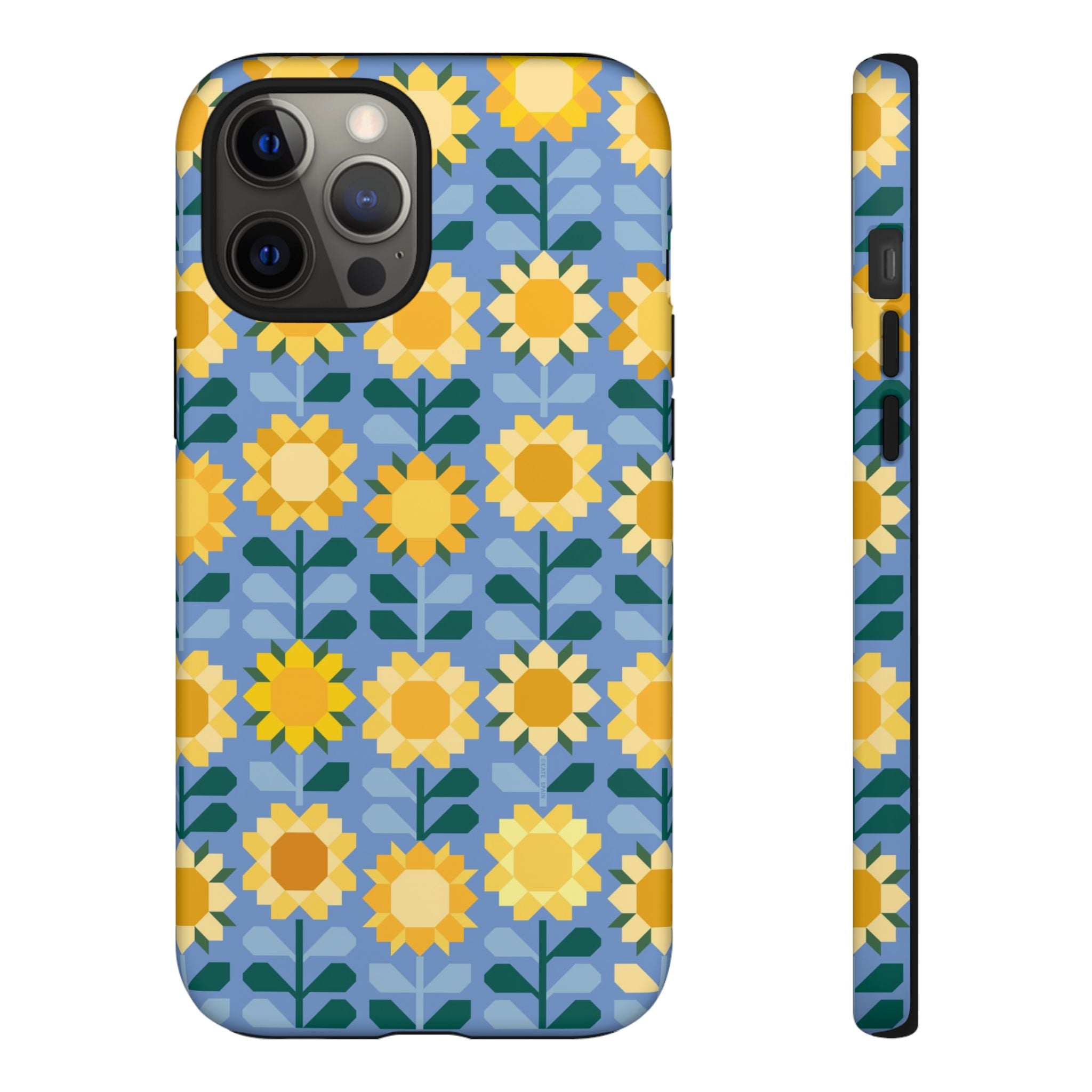 Sunflowers Tough iPhone 12 Pro Max Case – Matte | blue, yellow, gold geometric sunflower print