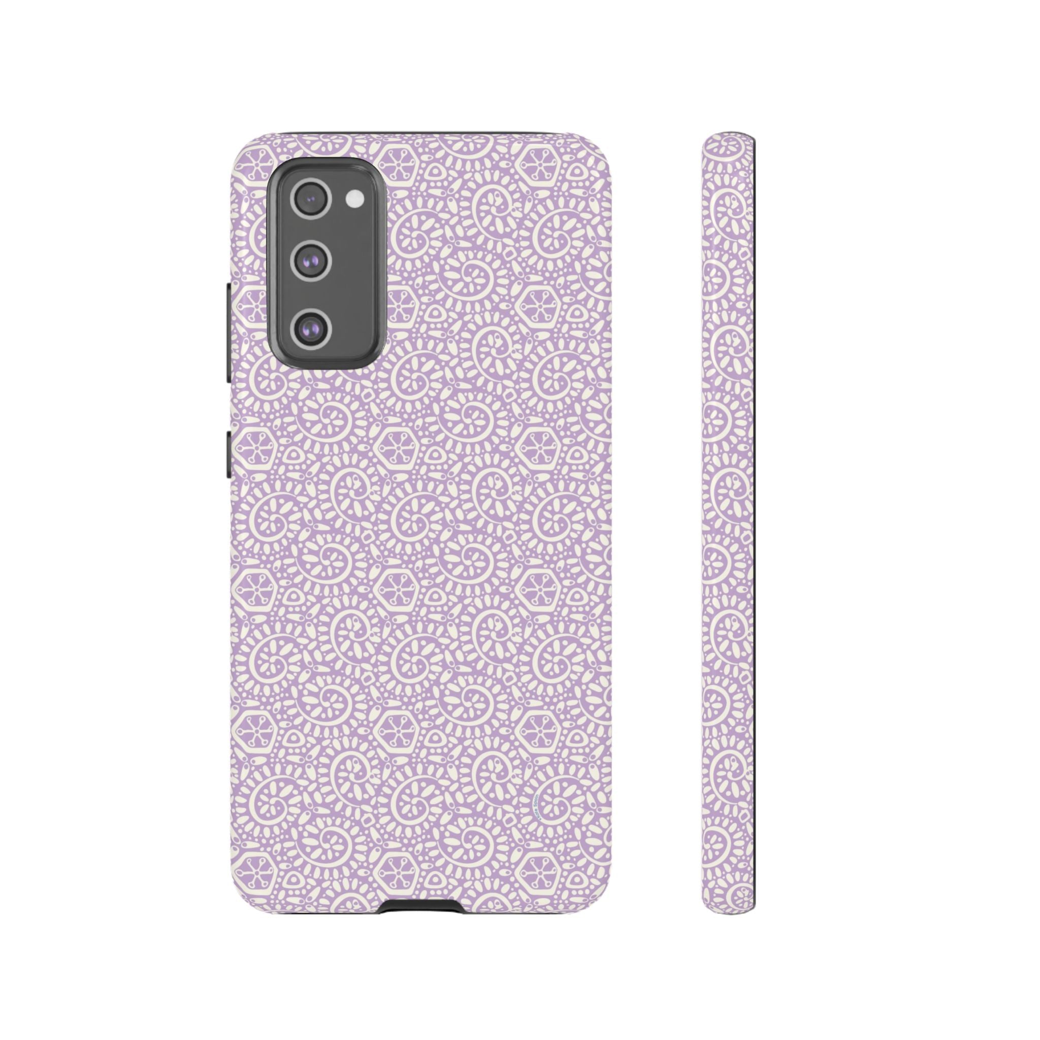 Canto Swirls Lavender Samsung Galaxy S20 FE Glossy Case — lavender hard case covered in an intricate folk-art medallion pattern of radiating circular motifs, dot clusters, and geometric centers