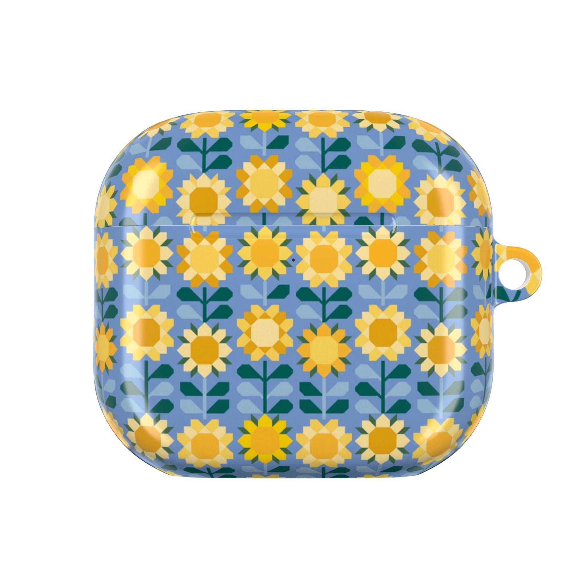 AirPods Gen 4 case – Glossy | golden yellow sunflowers on periwinkle blue ground — angled view