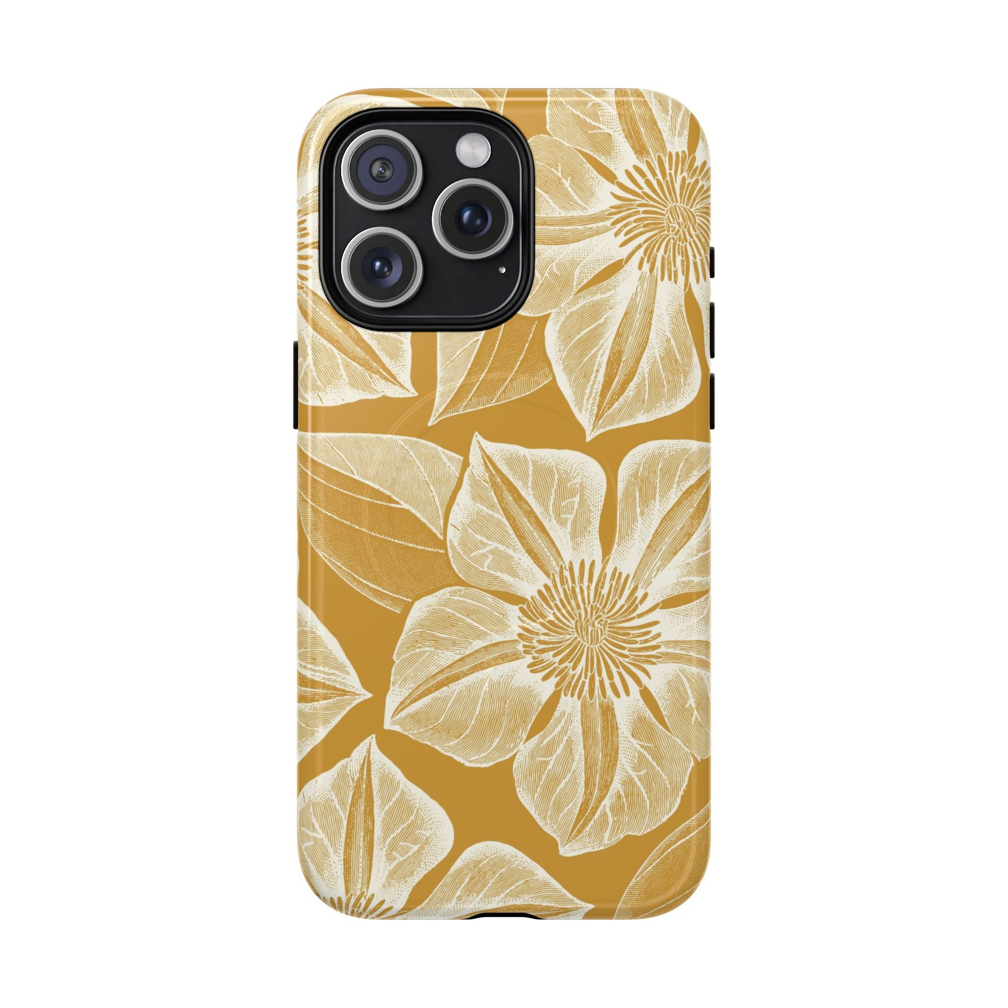 Vintage Bloom Gold MagSafe iPhone 15 Pro Max Case – Glossy | warm gold ground, large-scale cream clematis print, engraved petal detail, dual-layer protection
