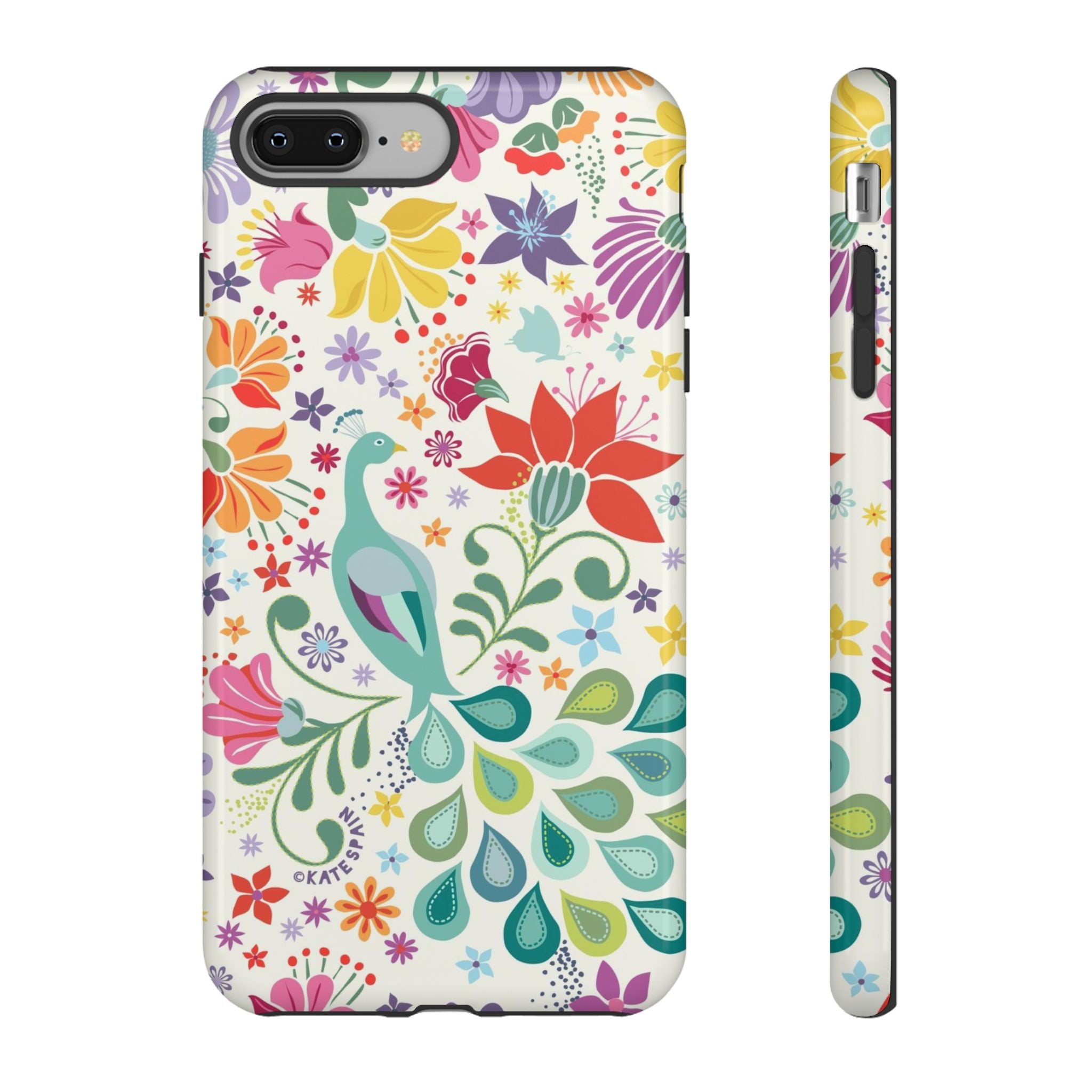 Peacock Sanctuary Tough iPhone 8 Plus Case – Glossy | white, teal, coral multicolor vibrant peacock feather botanical print