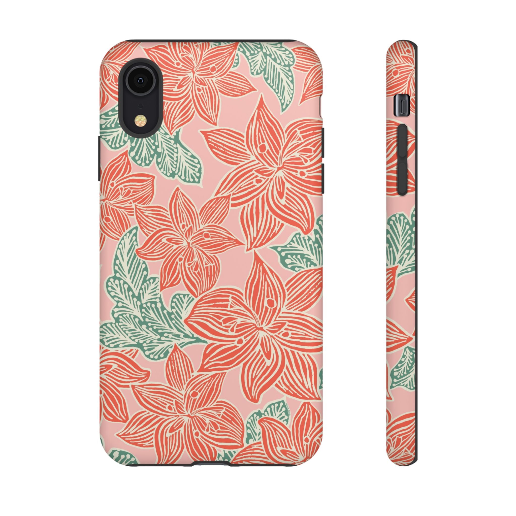 Hibiscus Coral iPhone XR Matte Case — blush pink hard case with large-scale coral red hibiscus flowers and teal-green leaves in a bold botanical linework print, densely layered across the surface
