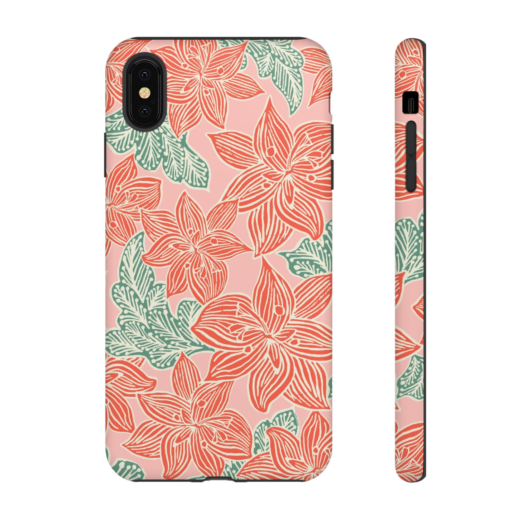 Hibiscus Coral iPhone XS Max Matte Case — blush pink hard case with large-scale coral red hibiscus flowers and teal-green leaves in a bold botanical linework print, densely layered across the surface