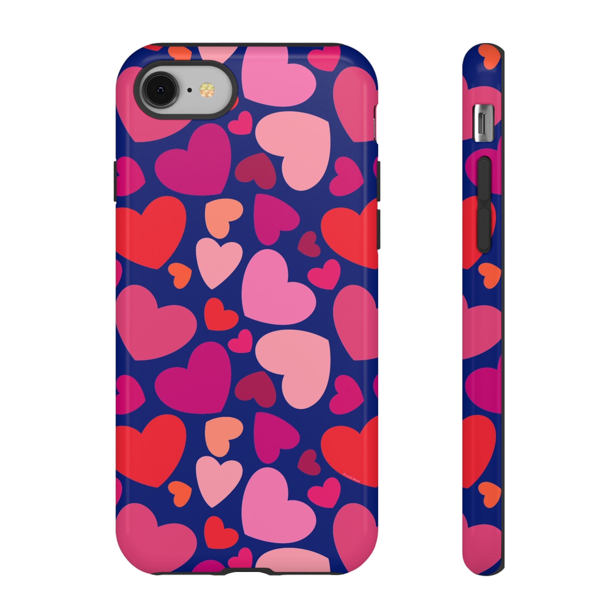 Hearts Tough iPhone 8 Case – Glossy | navy, pink, red, coral scattered heart print