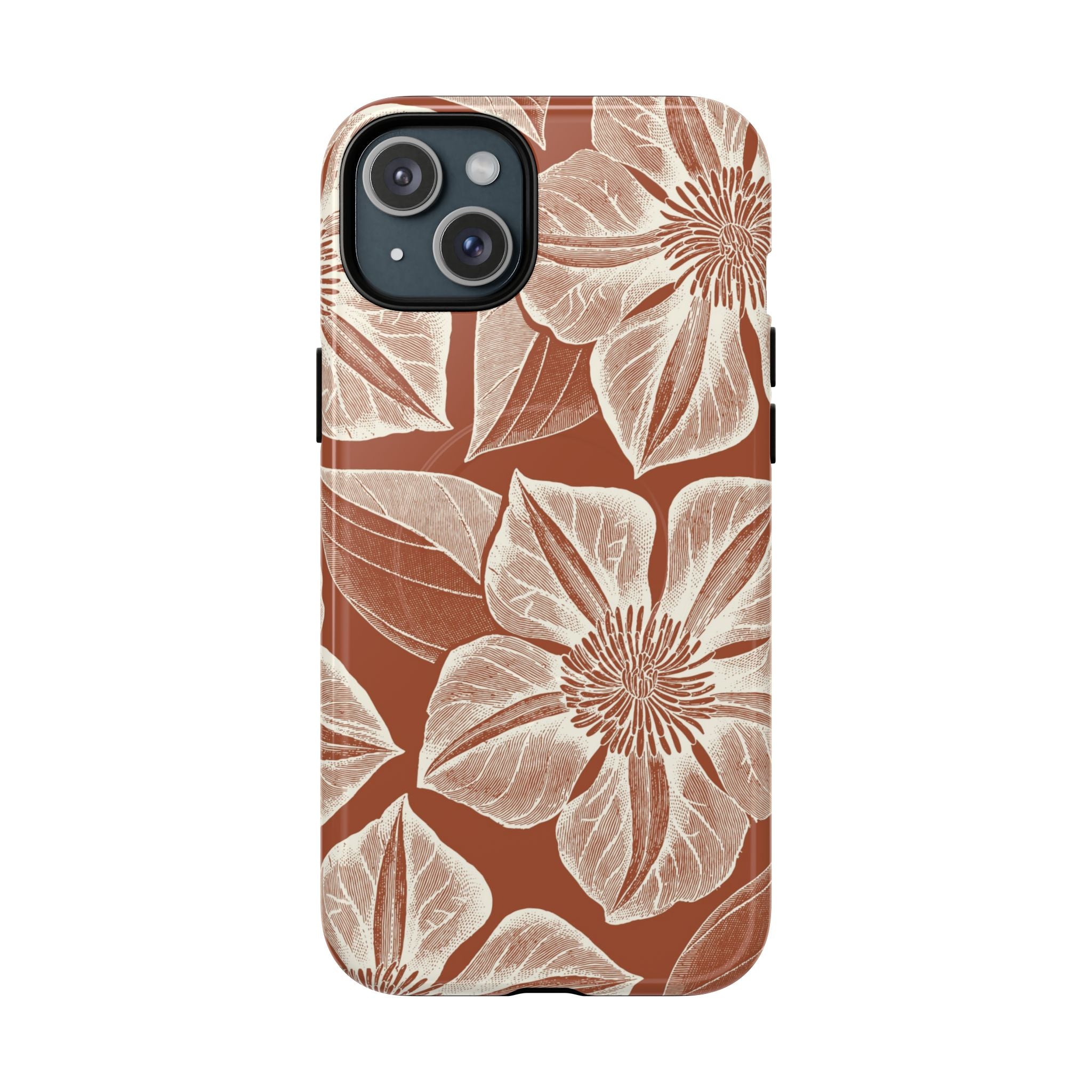 Vintage Bloom Sienna MagSafe iPhone 15 Plus – Glossy | sienna ground, large-scale cream clematis print, engraved petal detail, dual-layer protection