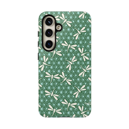 Dragonfly Pattern Phone Case — Green Floral Protective Tough Case