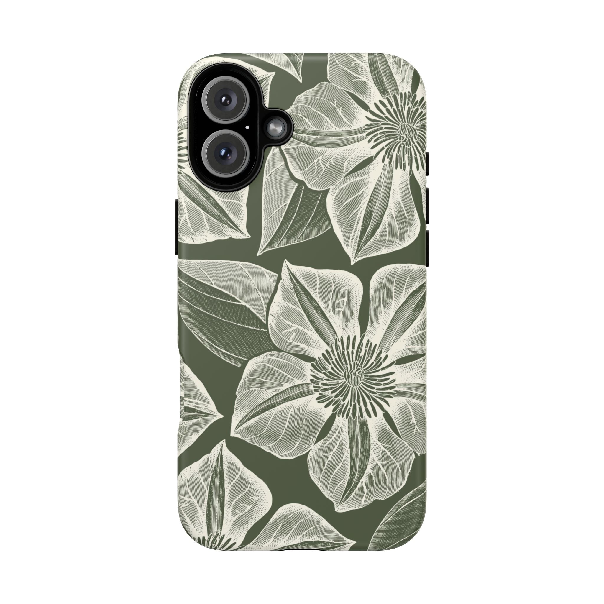 Vintage Bloom Cypress iPhone 16 Plus case – Matte | cypress green ground, large-scale white clematis print, engraved petal detail, dual-layer protection