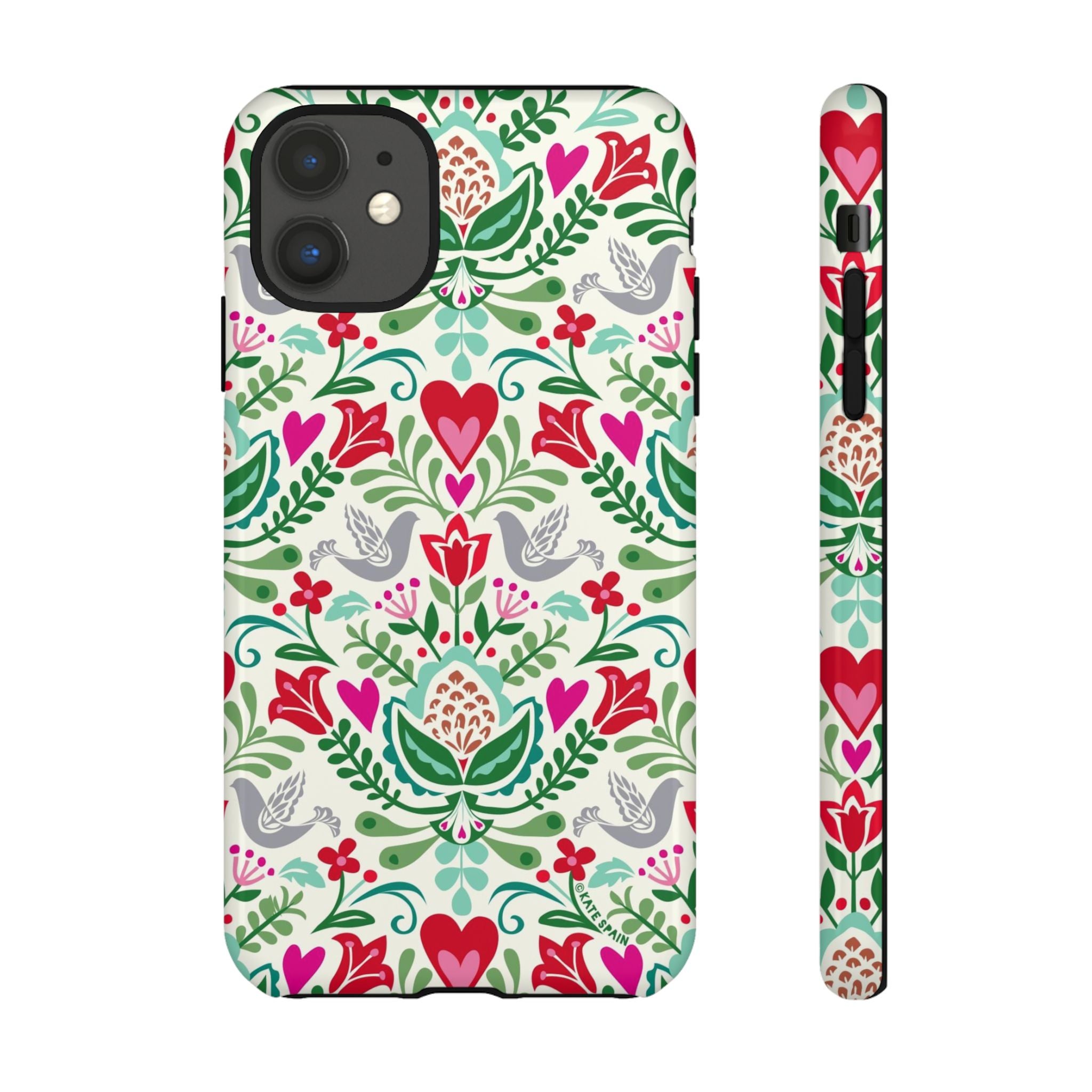Rosemaling Tough iPhone 11 Case – Glossy | cream, red, pink, green, gray folk art floral bird print