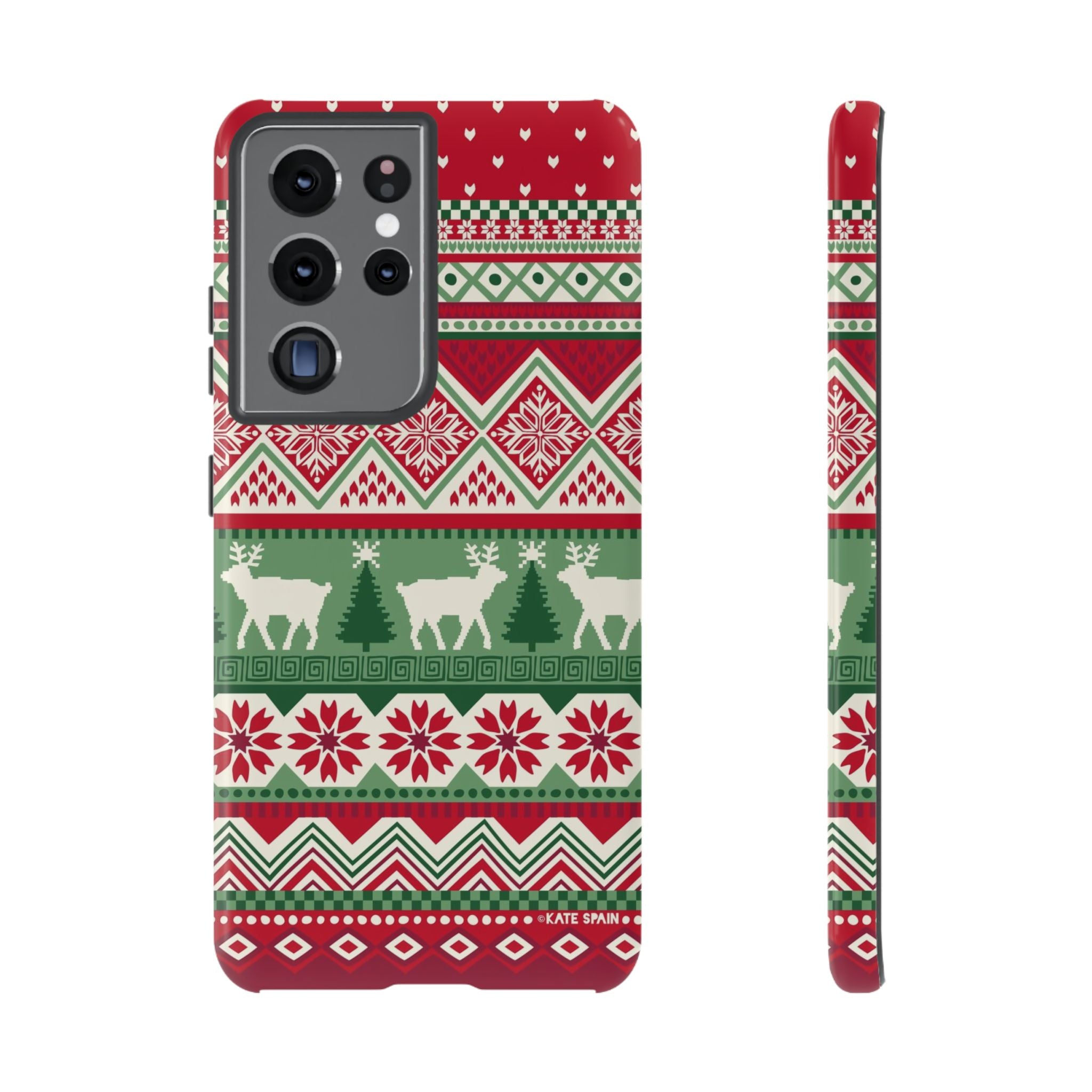 Luxury Telemark Samsung Galaxy S21 Ultra Case – Glossy | red, green, cream Nordic fair isle reindeer print