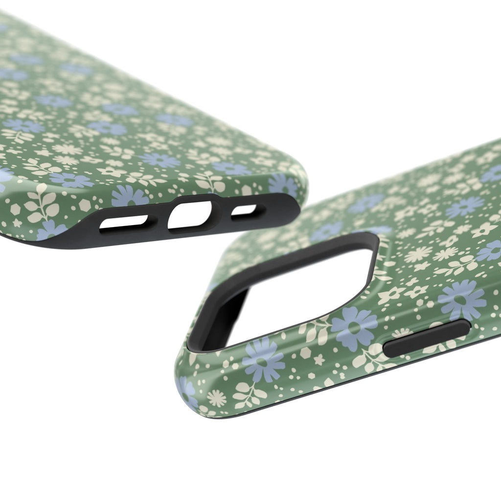 Petaline MagSafe iPhone 16 Pro Max Case – Glossy | close-up of ports, button, and camera cut-out in sage green, white, blue dainty ditsy daisy floral print