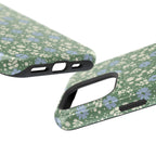 Petaline MagSafe iPhone 16 Pro Max Case – Glossy | close-up of ports, button, and camera cut-out in sage green, white, blue dainty ditsy daisy floral print