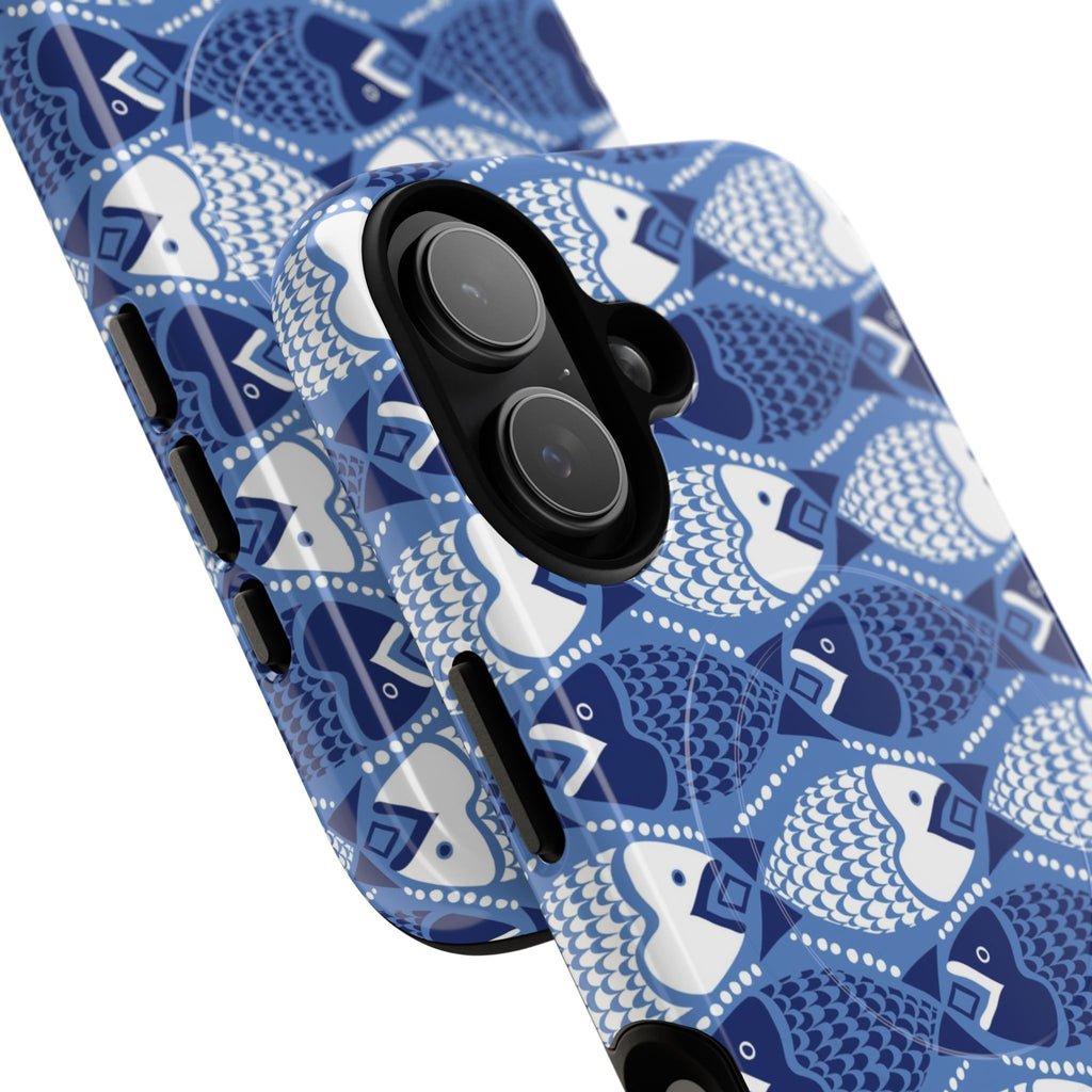 Catch of the Day MagSafe iPhone 17 Case – Glossy | navy, blue, white geometric fish print | angled view closeup of camera cutout and buttons