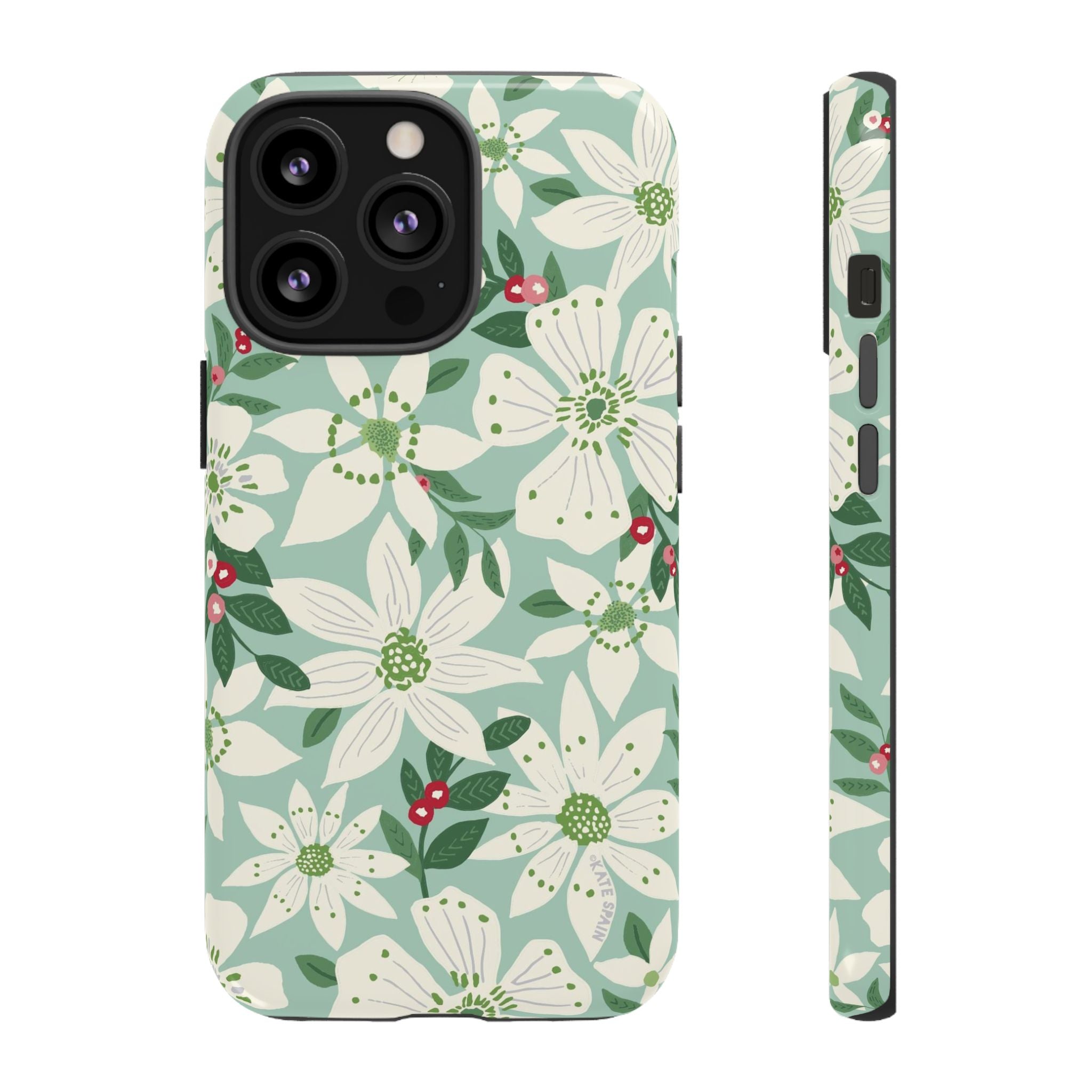 Gardenia Tough iPhone 13 Pro Case – Glossy | light blue, white, green, red gardenia botanical print