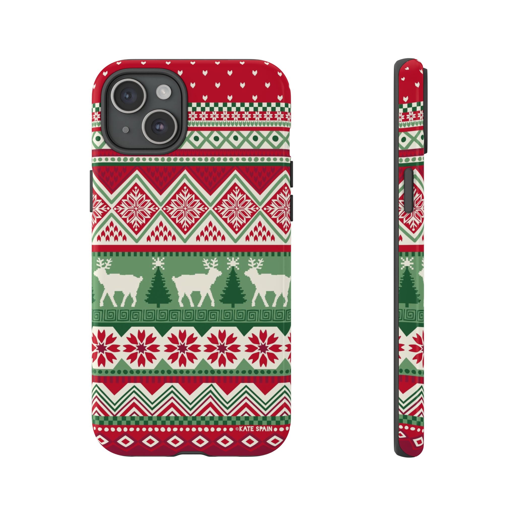 Telemark Tough iPhone 15 Plus Case – Glossy | red, green, cream fair isle reindeer Nordic print