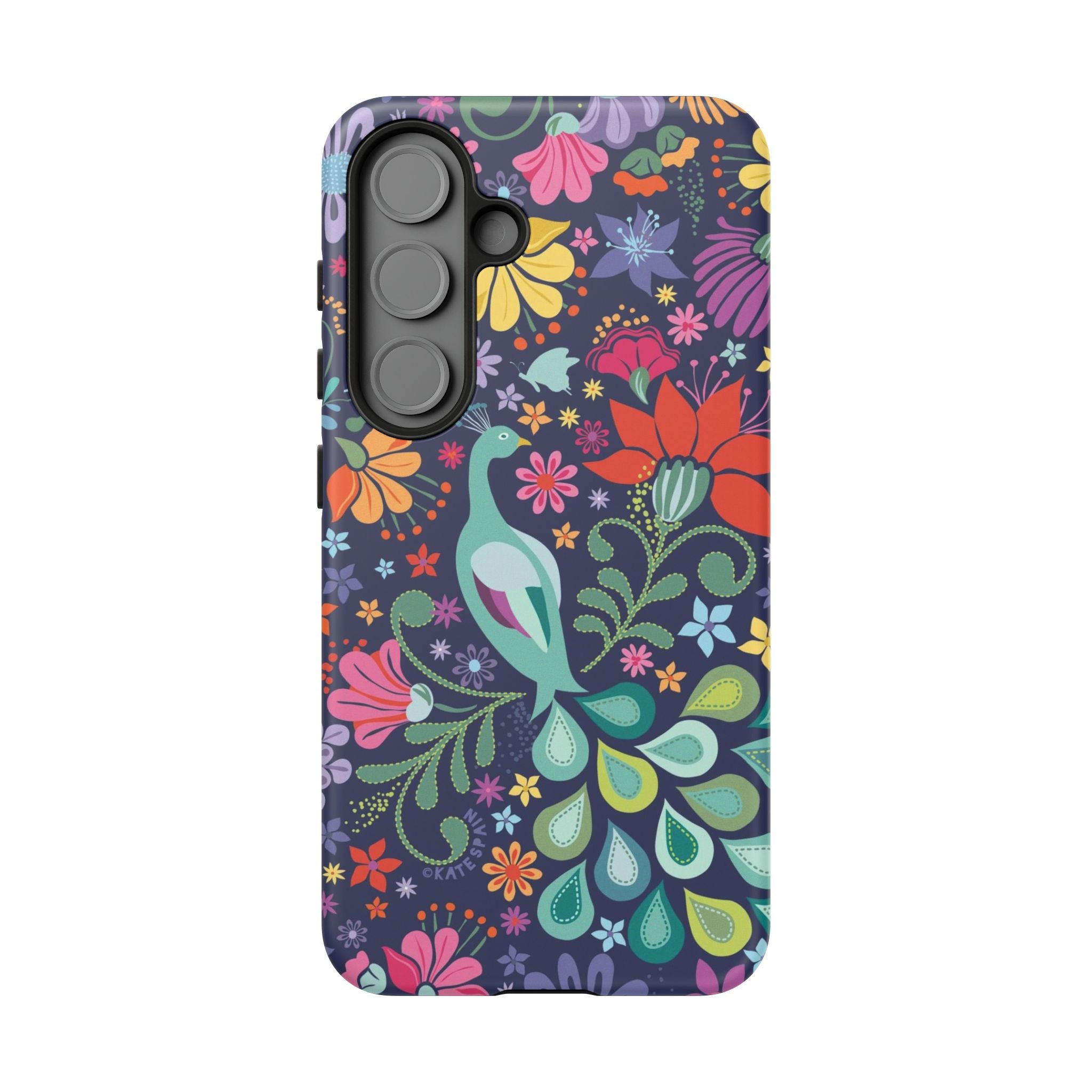 Luxury Peacock Sanctuary Samsung Galaxy S25 Case – Glossy | navy, teal, coral multicolor vibrant peacock feather botanical print