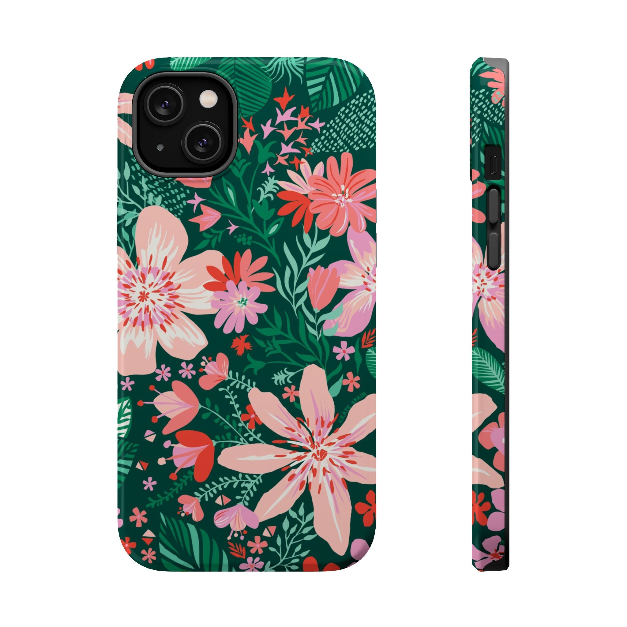 Bonaire MagSafe iPhone 14 Plus Case – Glossy | forest green, blush, coral tropical floral print