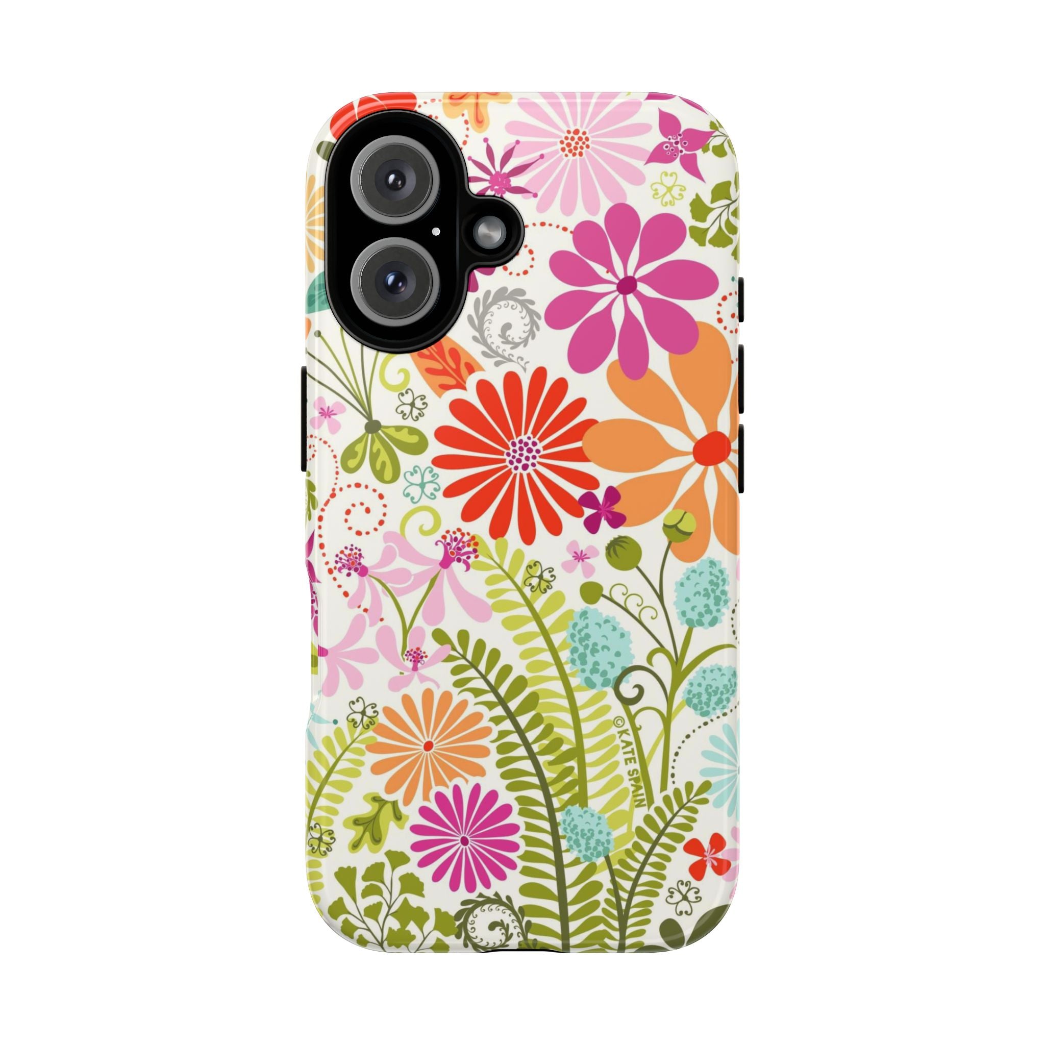 Luxury Terrain Tough iPhone 16 Case – Glossy | white, magenta, coral botanical woodland floral print