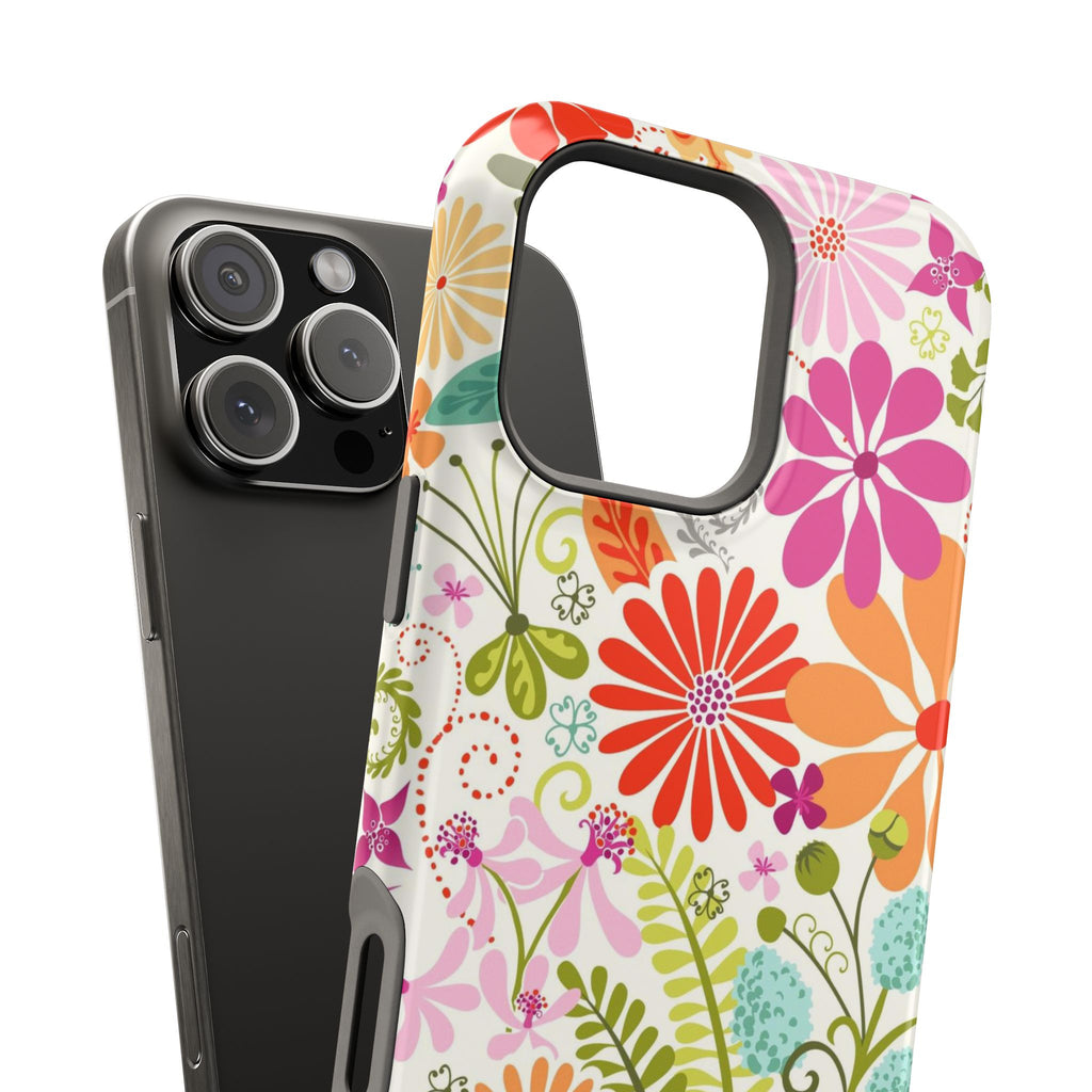 Luxury Terrain MagSafe iPhone 16 Pro Max Case – detail view of buttons and camera port of case | white, magenta, coral botanical woodland floral print