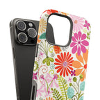Luxury Terrain MagSafe iPhone 16 Pro Max Case – detail view of buttons and camera port of case | white, magenta, coral botanical woodland floral print