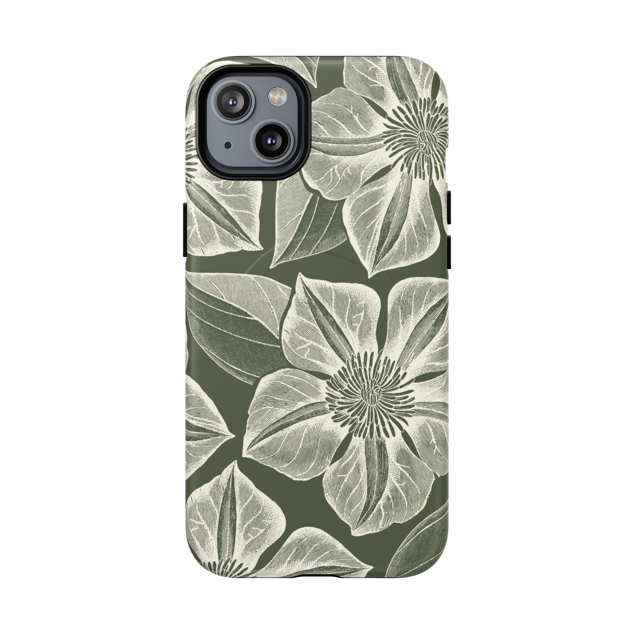 Vintage Bloom Cypress MagSafe iPhone 14 Plus – Matte | cypress green ground, large-scale white clematis print, engraved petal detail, dual-layer protection