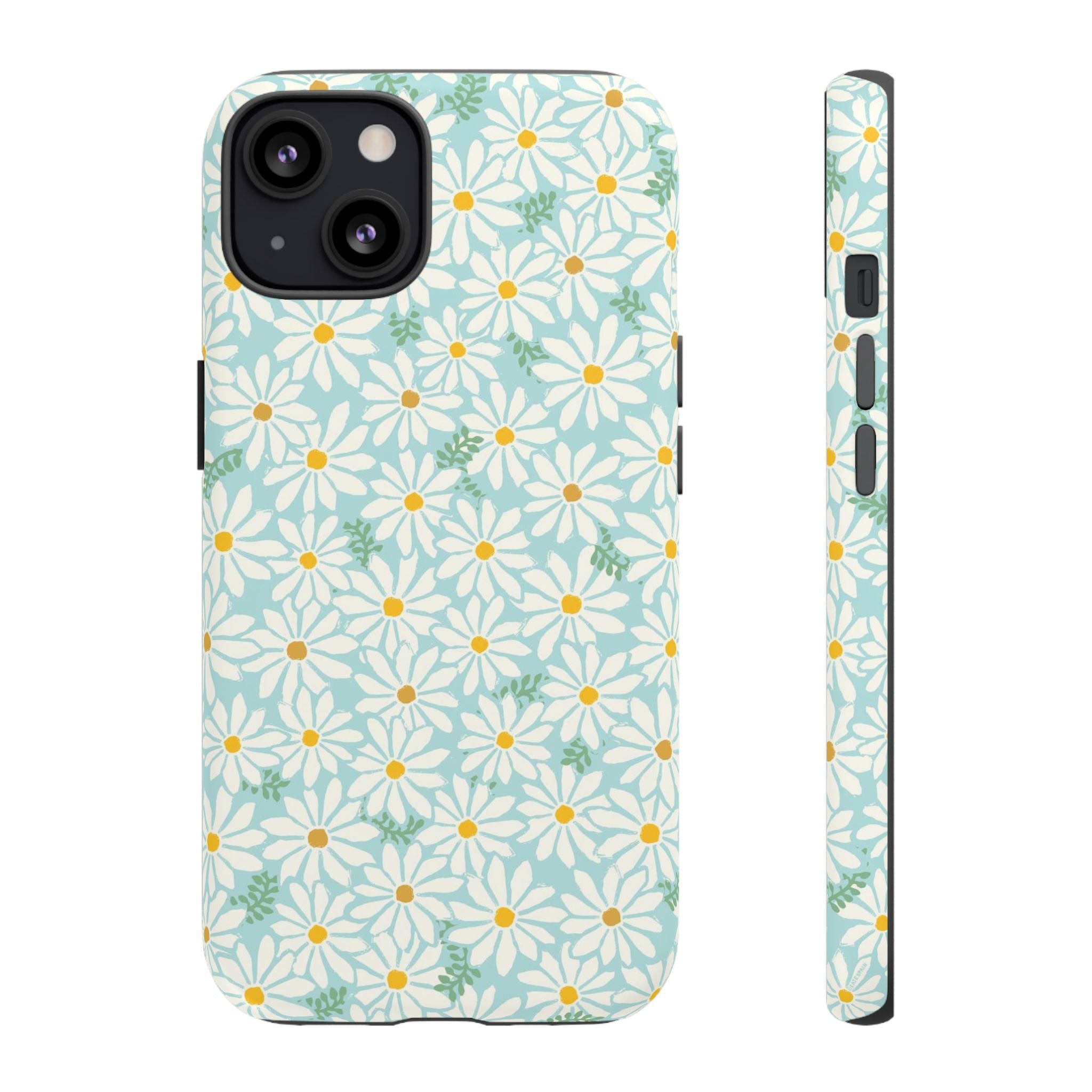 Daisies Tough iPhone 13 Case – Matte | sky blue, white daisy print, golden yellow centers, mint green leaves dual-layer protection