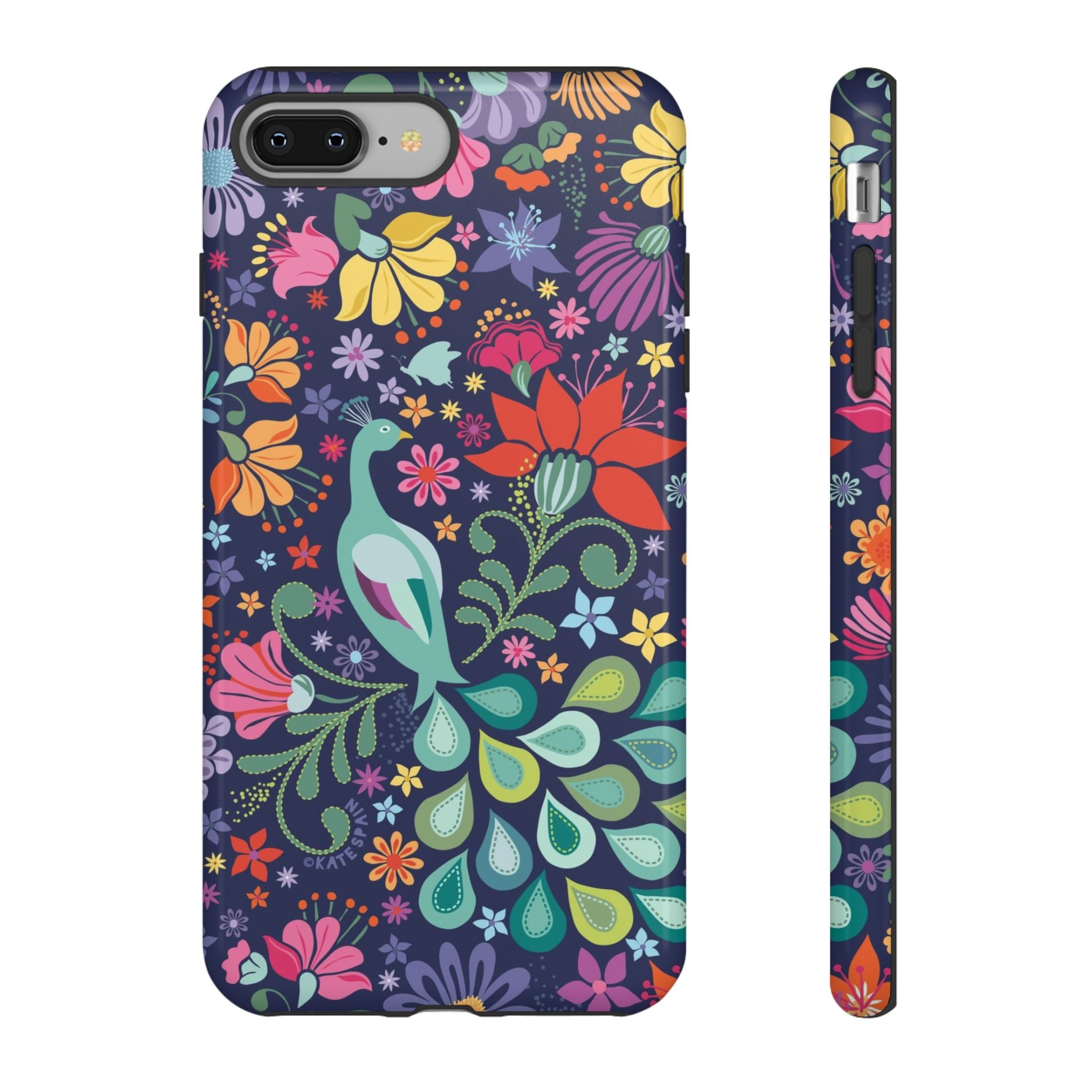 Peacock Sanctuary Tough iPhone 8 Plus Case – Glossy | navy, teal, coral multicolor vibrant peacock feather botanical print