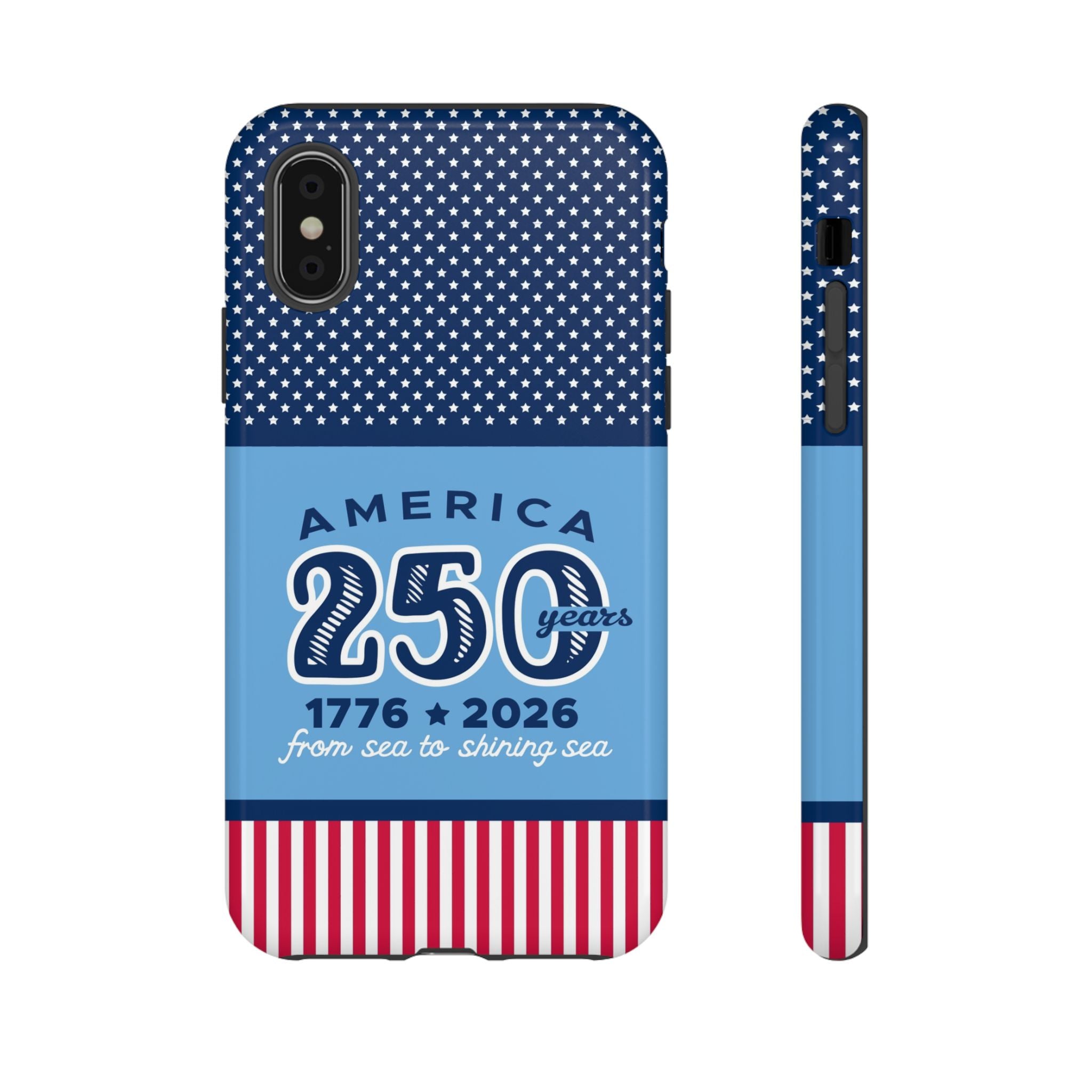 Sea to Shining Sea Tough iPhone XS Case – Glossy | navy, sky blue, red, white American stars & stripes 250th anniversary print
