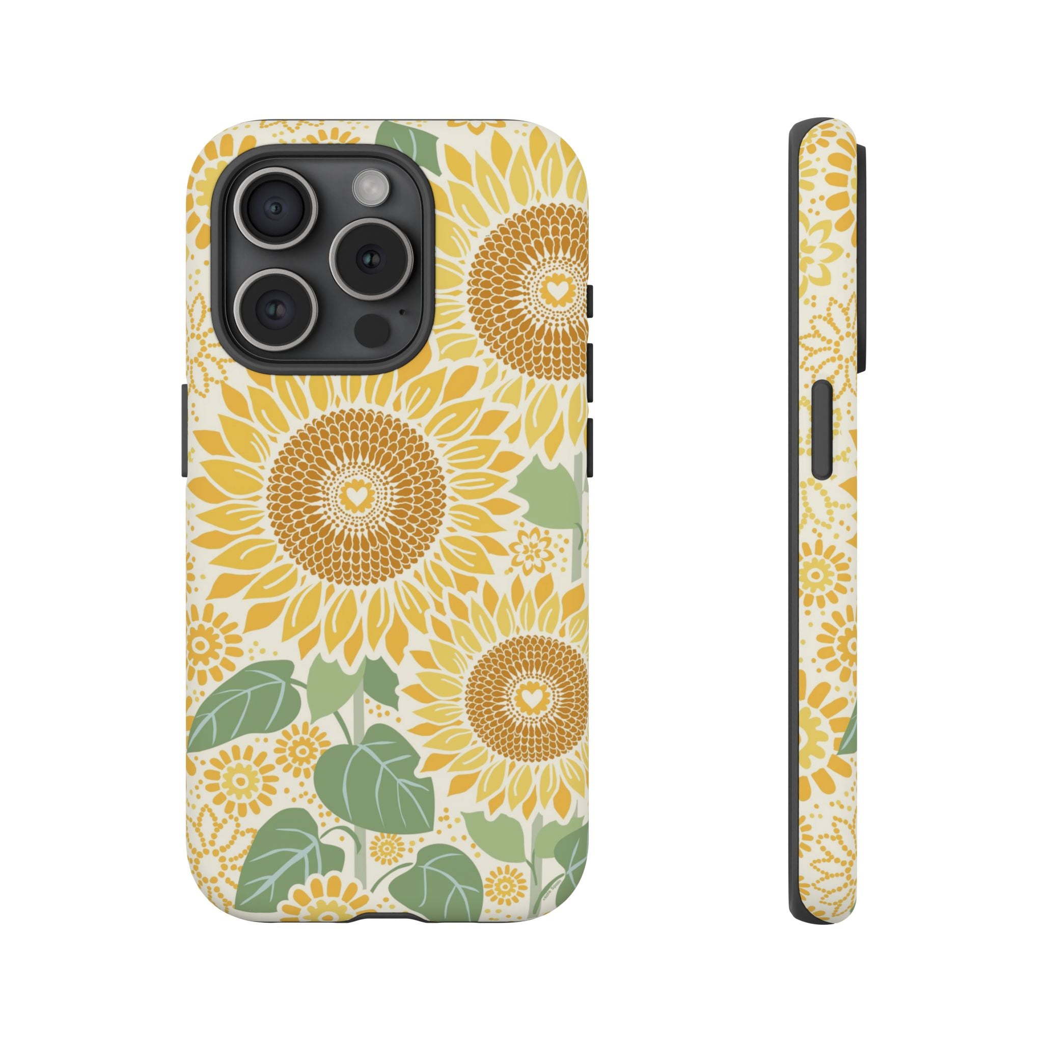 Sunny Sunflower iPhone 15 Pro case – Matte | cream ground, large-scale yellow sunflower print, golden seed detail with heart centers, dual-layer protection