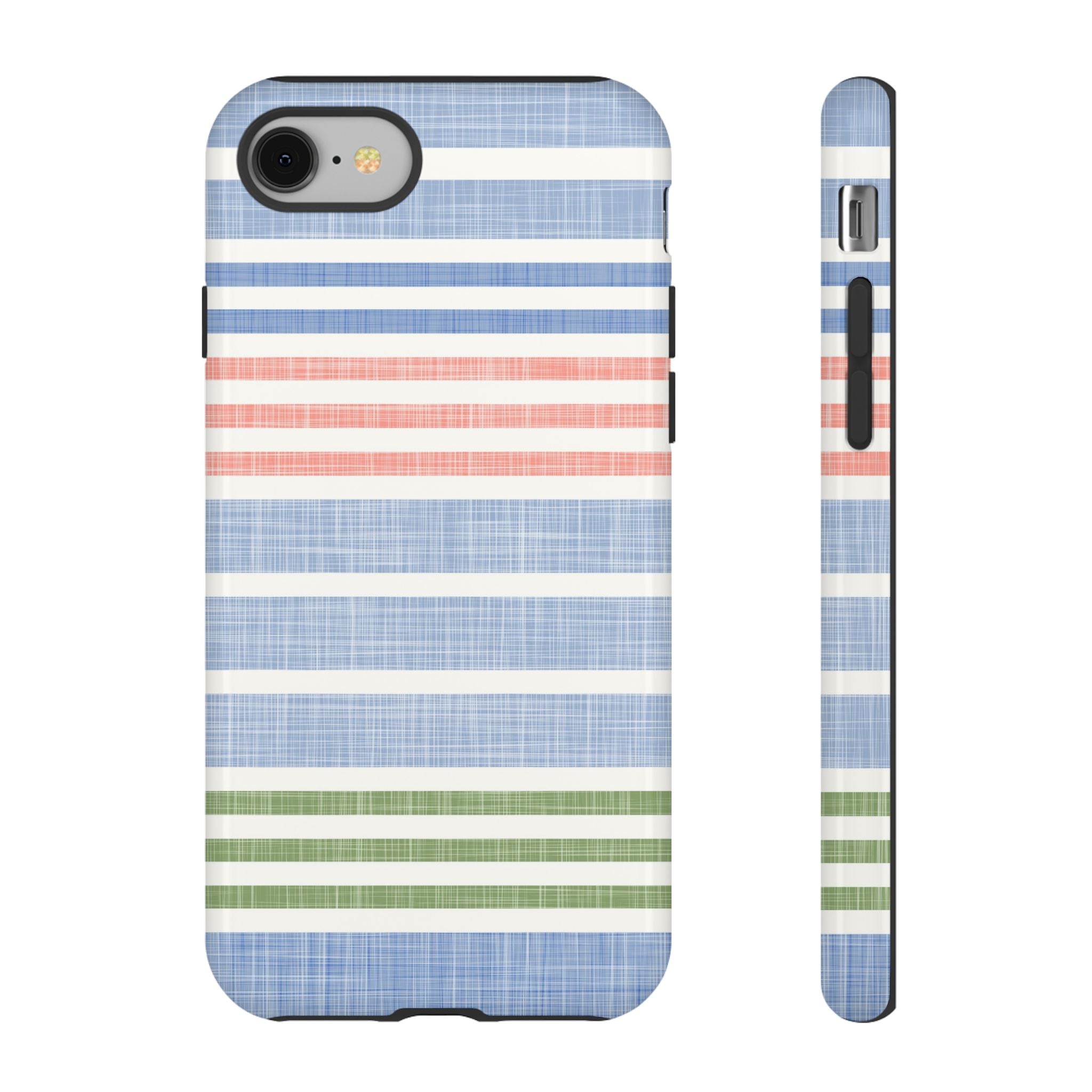 Cabana Stripe Pastel Tough iPhone 8 Case – Glossy | soft blue, coral, sage green chambray-textured stripe print dual-layer protection