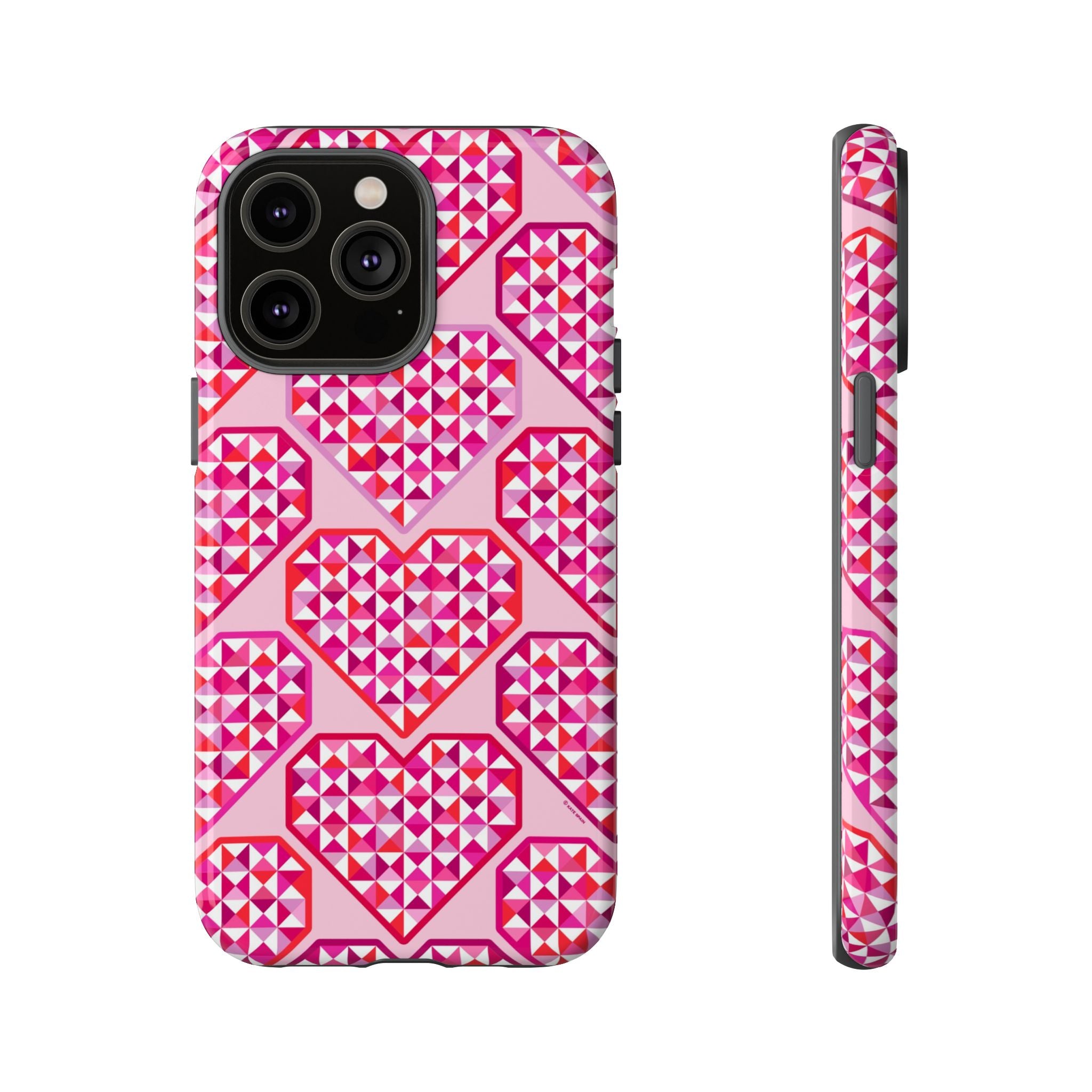 Pink Pyramid Heart Tough iPhone 14 Pro Max Case – Glossy | blush, pink, magenta, red geometric pyramid heart print