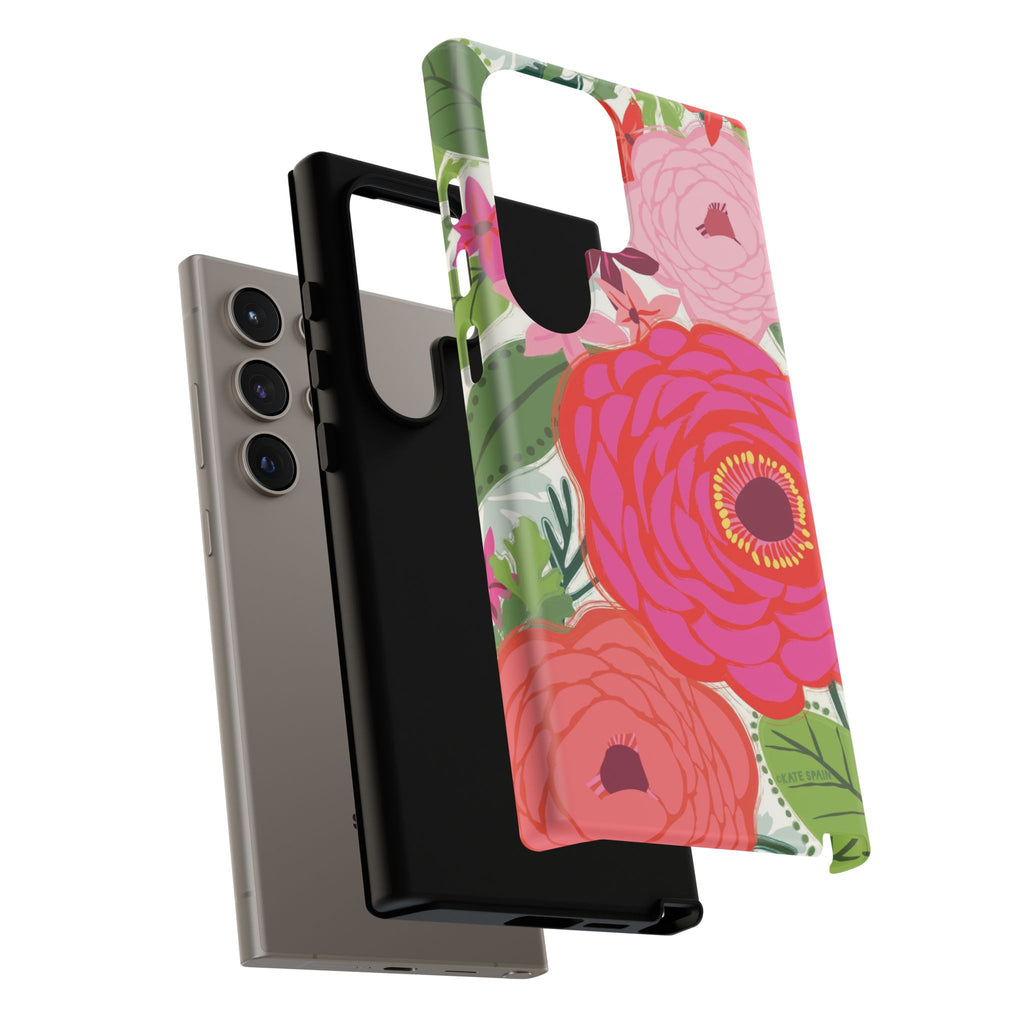 Bloomerie Samsung Tough Phone Case Samsung Galaxy S24 Ultra Case – Glossy | Detail of layered structure of case in cream, magenta, coral botanical peony floral print