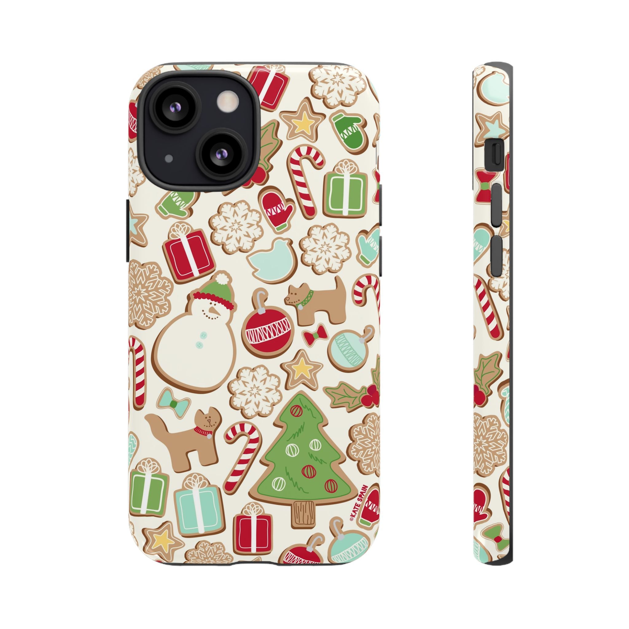 Gingerbread Cookies Tough iPhone 13 Mini Case – Glossy | cream, red, green gingerbread holiday cookie print