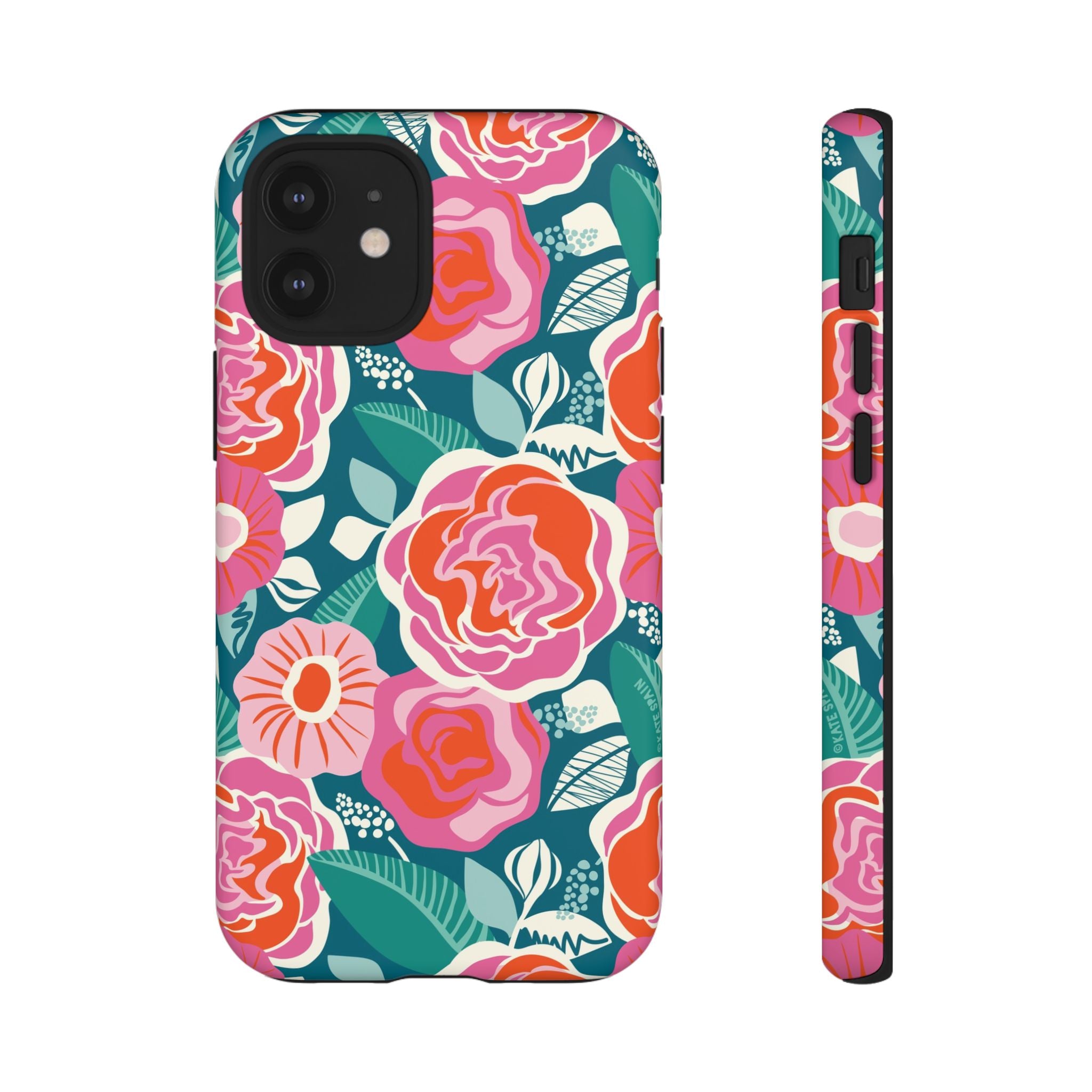 Tea Rose Teal Tough iPhone 12 Mini Case – Matte | teal, coral, pink botanical rose floral print