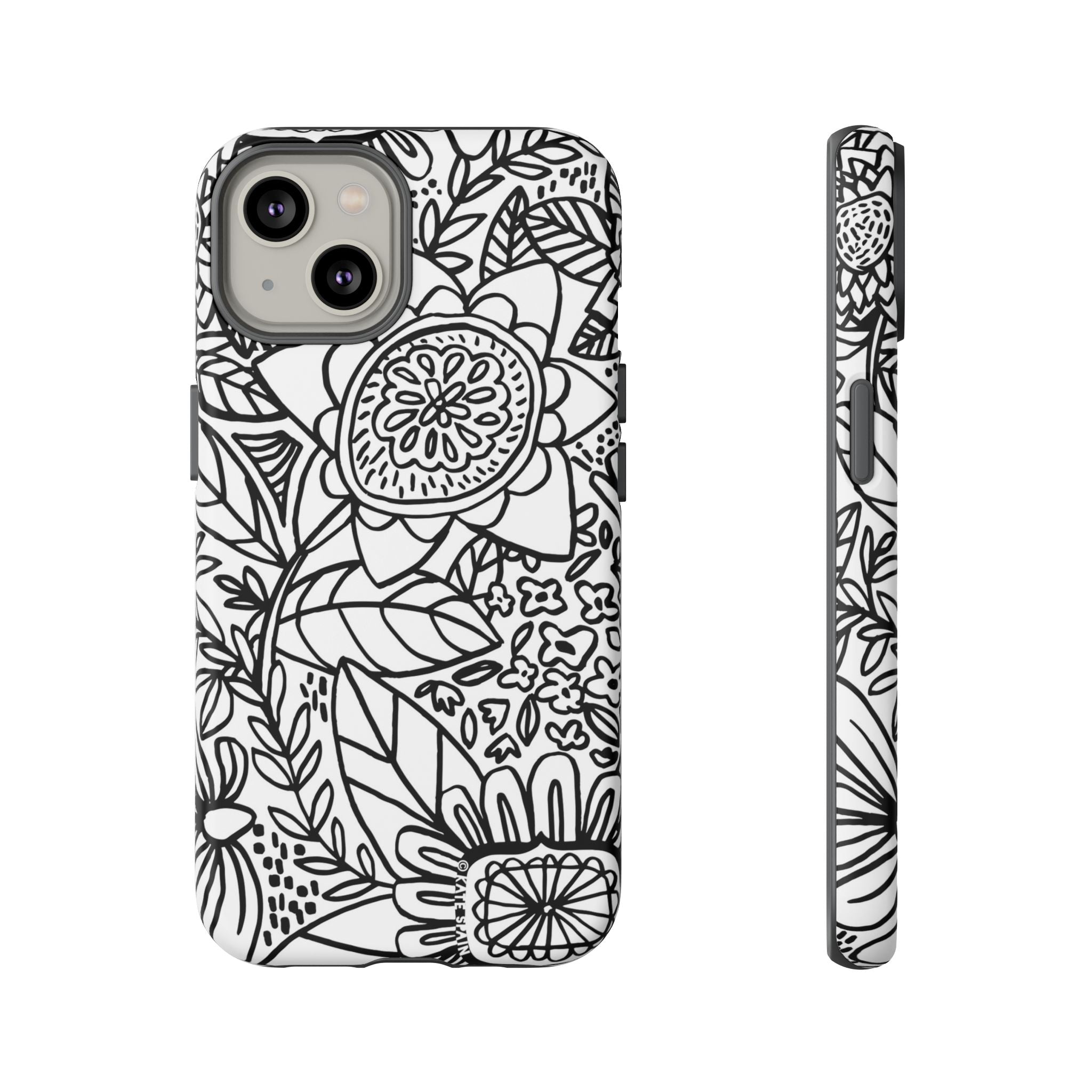 Esprit Tough iPhone 14 Case – Matte | white, black botanical line art floral print