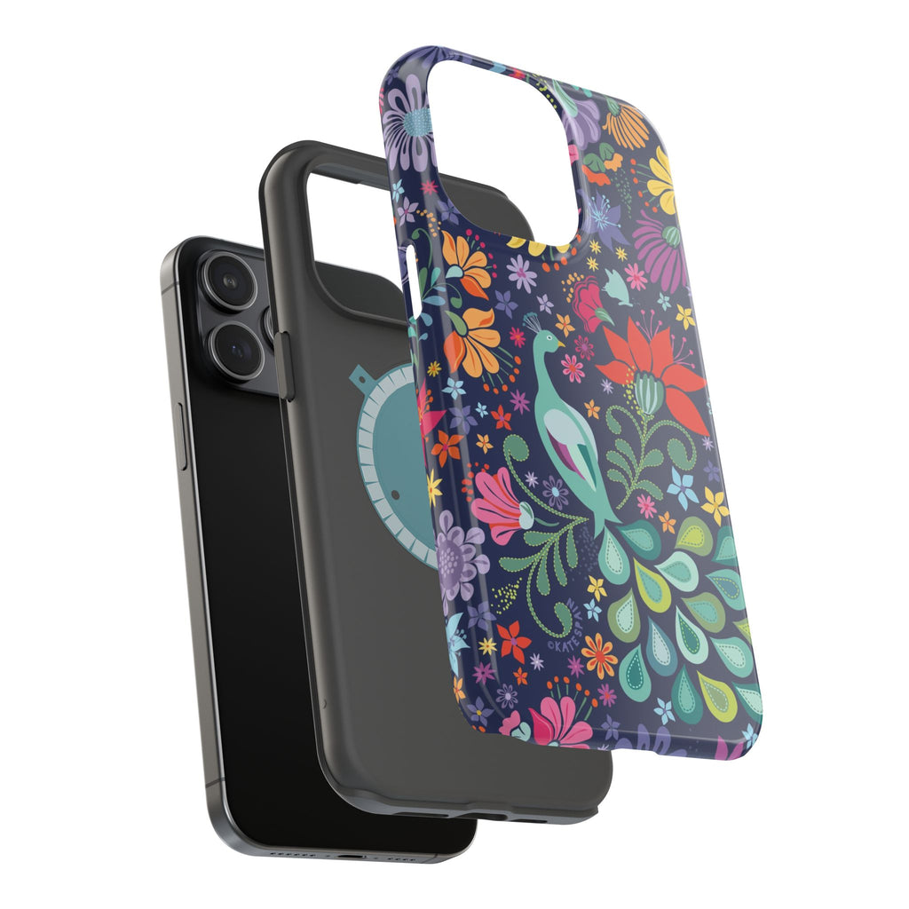 Peacock Sanctuary MagSafe iPhone  15 Pro Max Case – Glossy | dual layered construction, in two parts in front of phone, with case in navy, teal, ivory peacock botanical print MagSafe compatible, dual-layer protection