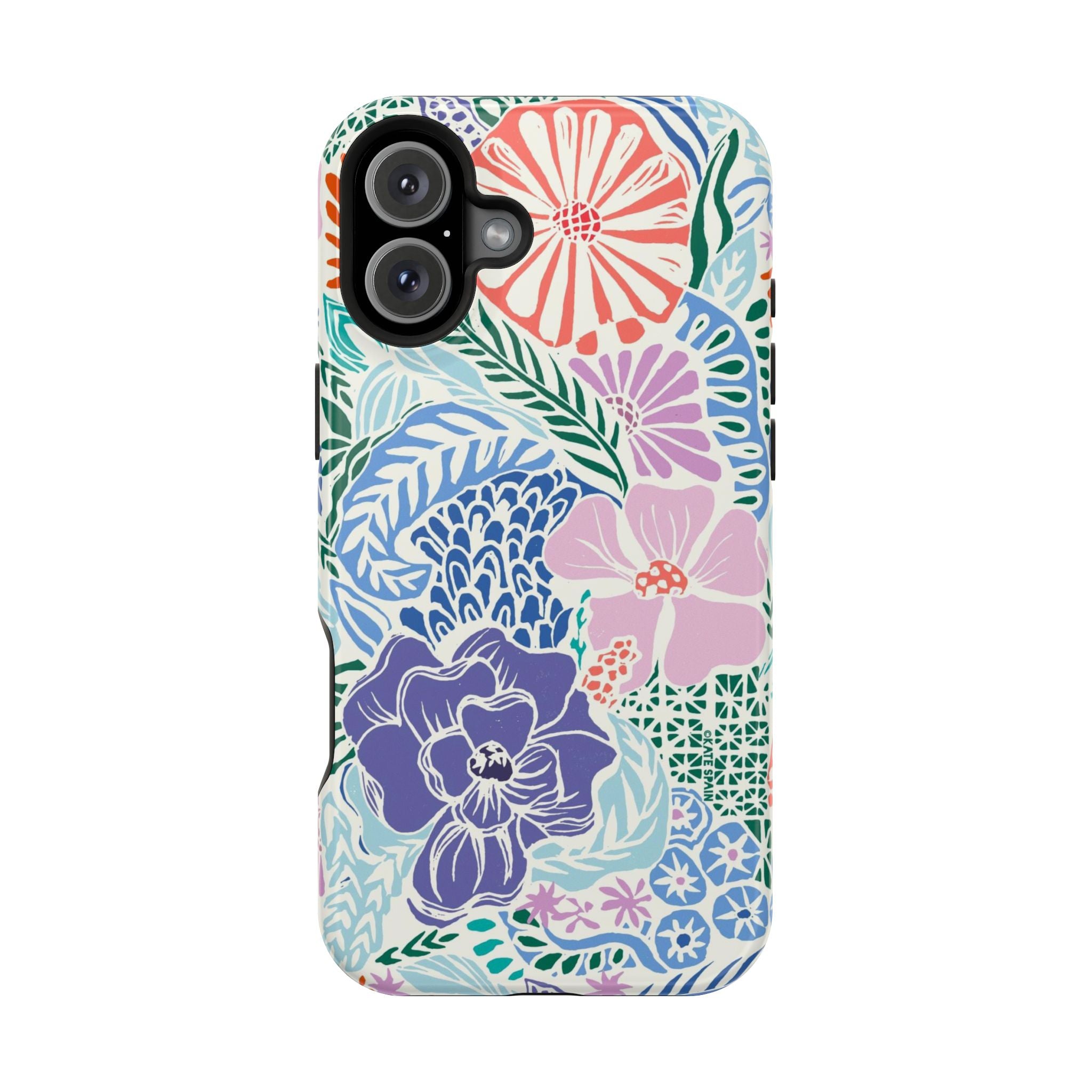 Tropica MagSafe iPhone 16 Plus Case – Glossy | purple, coral, pink, blue botanical tropical floral print MagSafe compatible, dual-layer protection