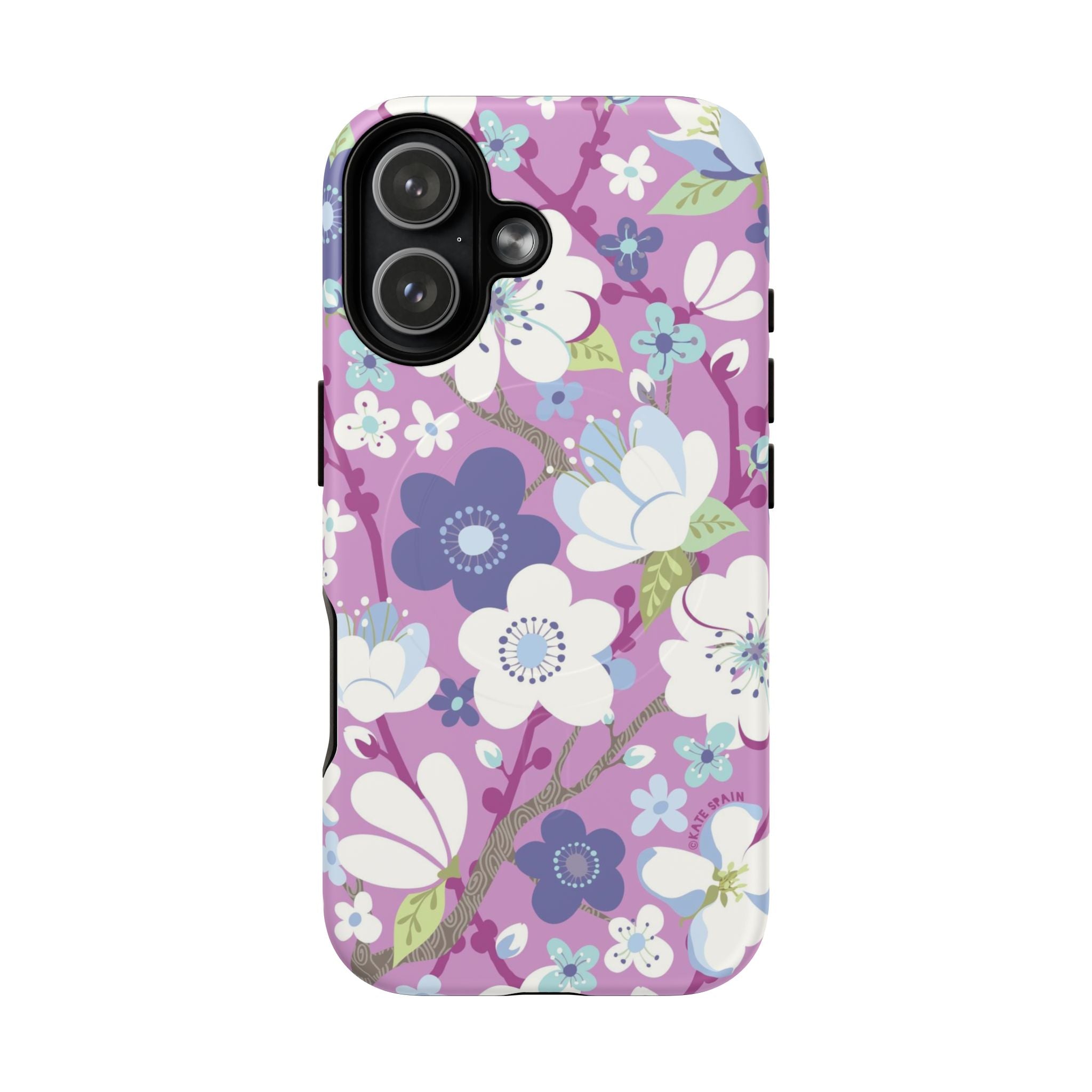 Purple Cherry Blossom MagSafe iPhone 17 Case – Matte | mauve, purple, blue, white cherry blossom print