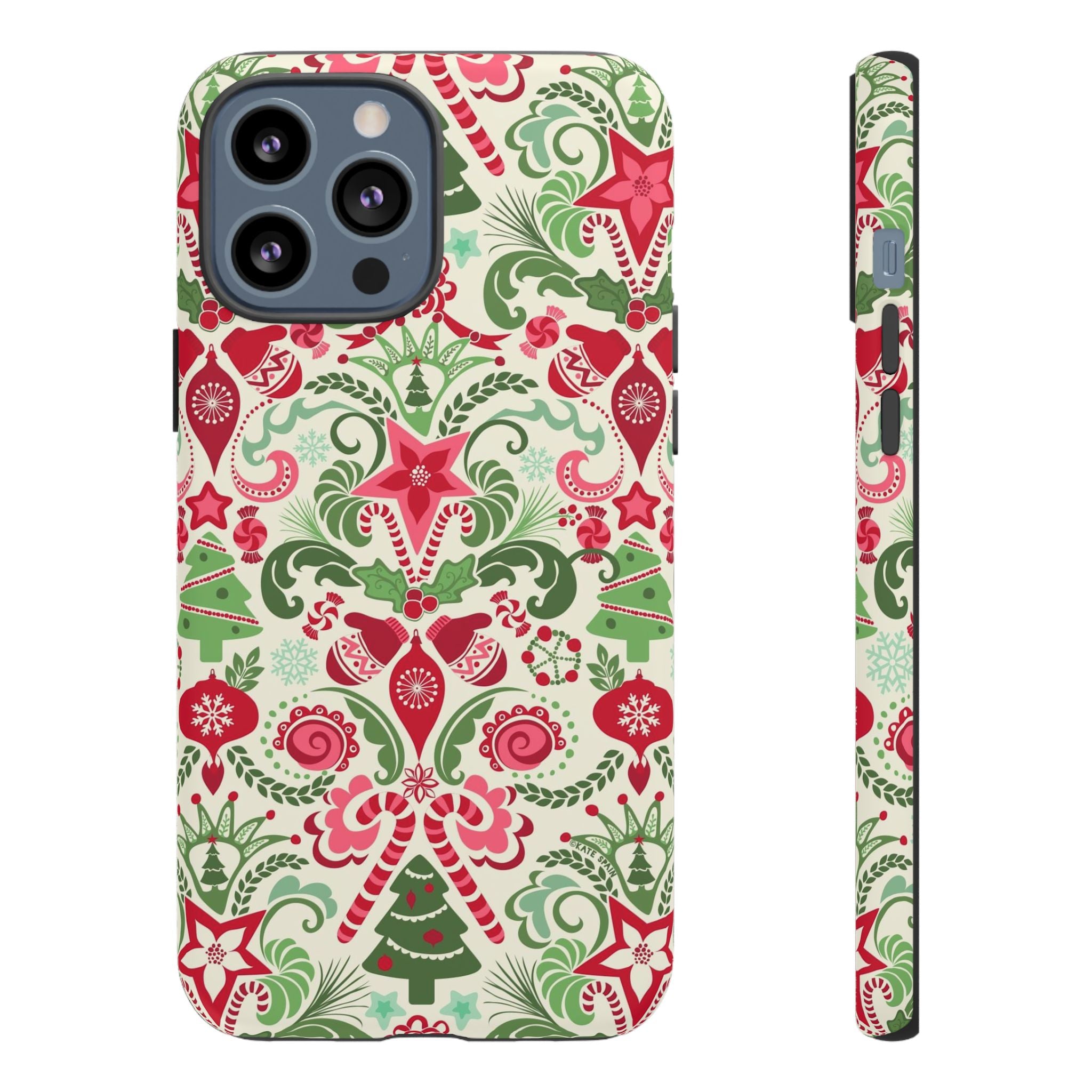 Wonderland Tough iPhone 13 Pro Max Case – Matte | cream, red, green Christmas ornament damask print