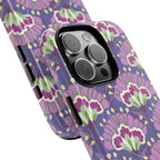 Lantern Flower MagSafe iPhone 16 Pro Max Case – Glossy | periwinkle, purple, mauve, sage botanical lantern floral print | angled view closeup of camera cutout and buttons