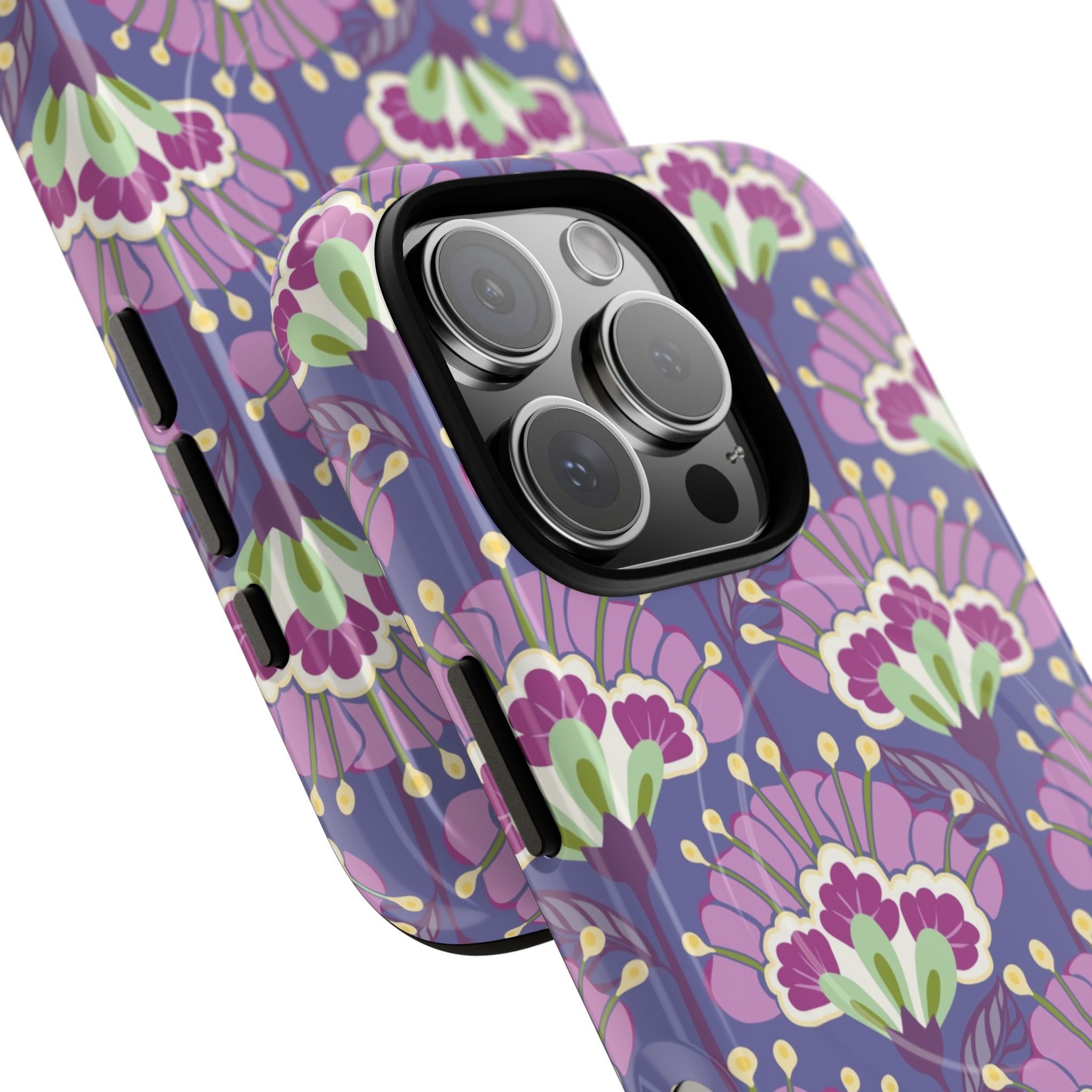 Lantern Flower MagSafe iPhone 16 Pro Max Case – Glossy | periwinkle, purple, mauve, sage botanical lantern floral print | angled view closeup of camera cutout and buttons