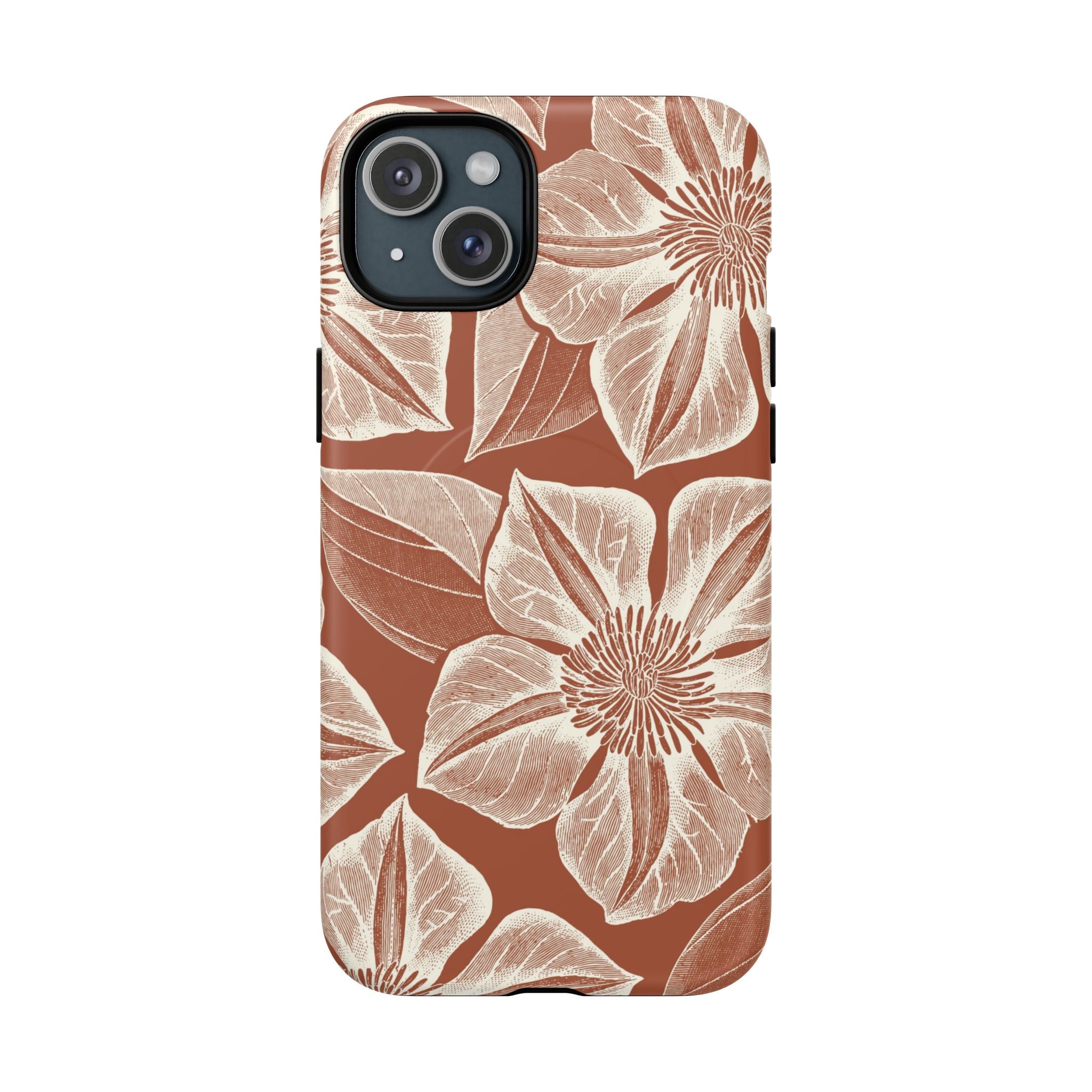 Vintage Bloom Sienna MagSafe iPhone 15 Plus – Matte | sienna ground, large-scale cream clematis print, engraved petal detail, dual-layer protection
